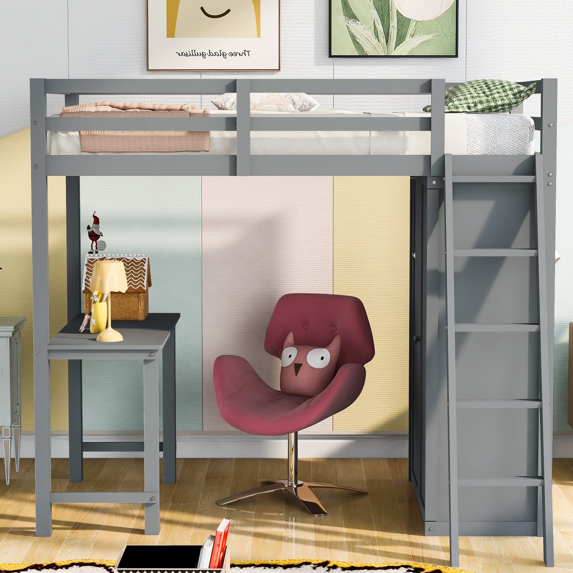 Twin Size Loft Bed with Wardrobe and Desk, Gray