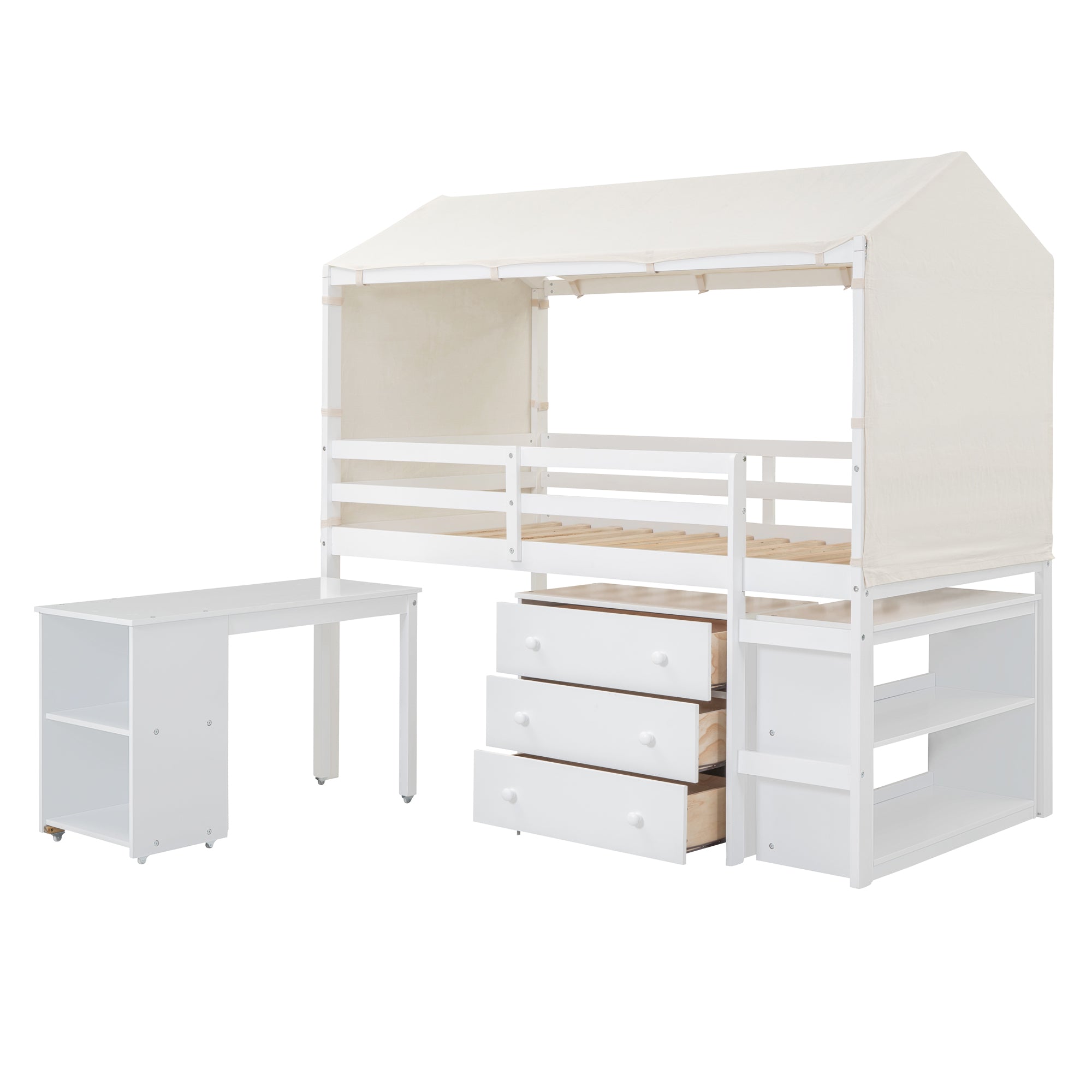 Twin Size Loft Bed with Rolling Cabinet, Shelf and Tent - White