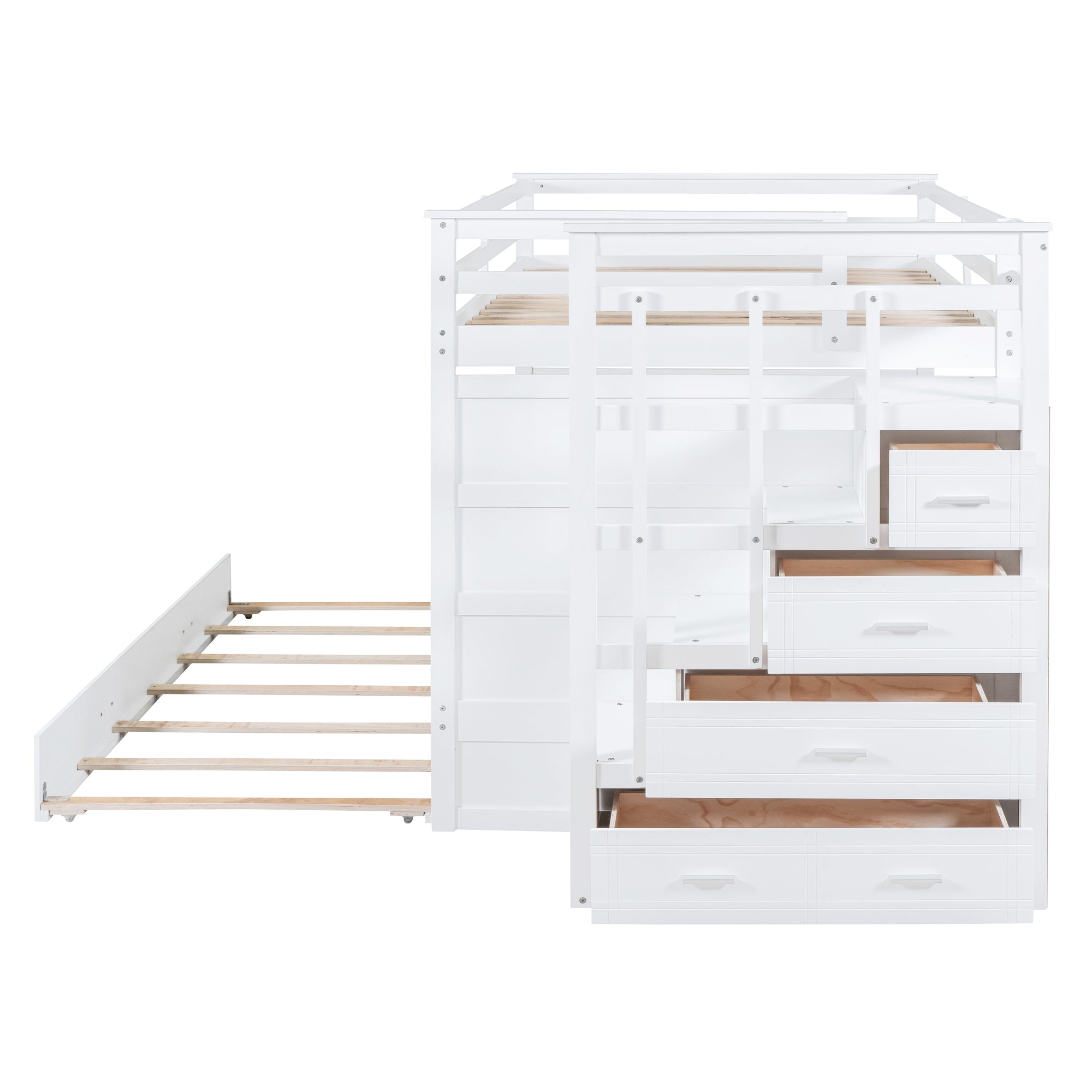 Full Over Full Bunk Bed with Twin Size Trundle and Staircase, White