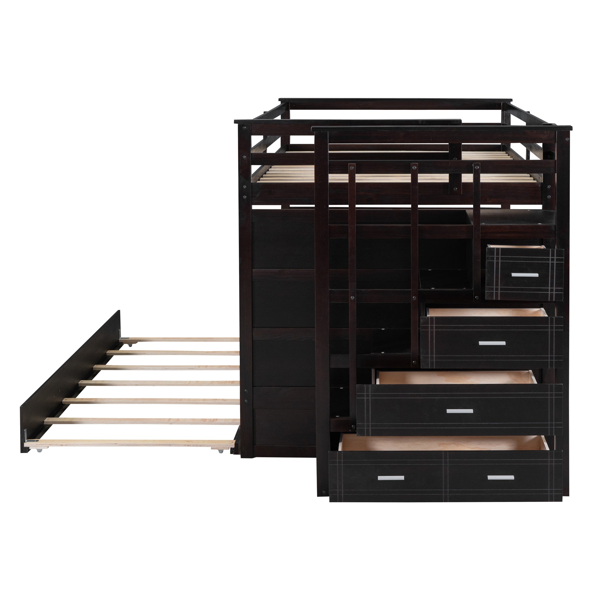 Full Over Full Bunk Bed with Twin Size Trundle and Staircase, Espresso