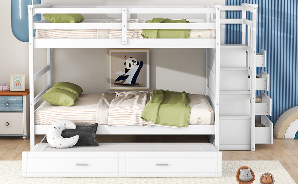 Full Over Full Bunk Bed with Twin Size Trundle and Staircase, White