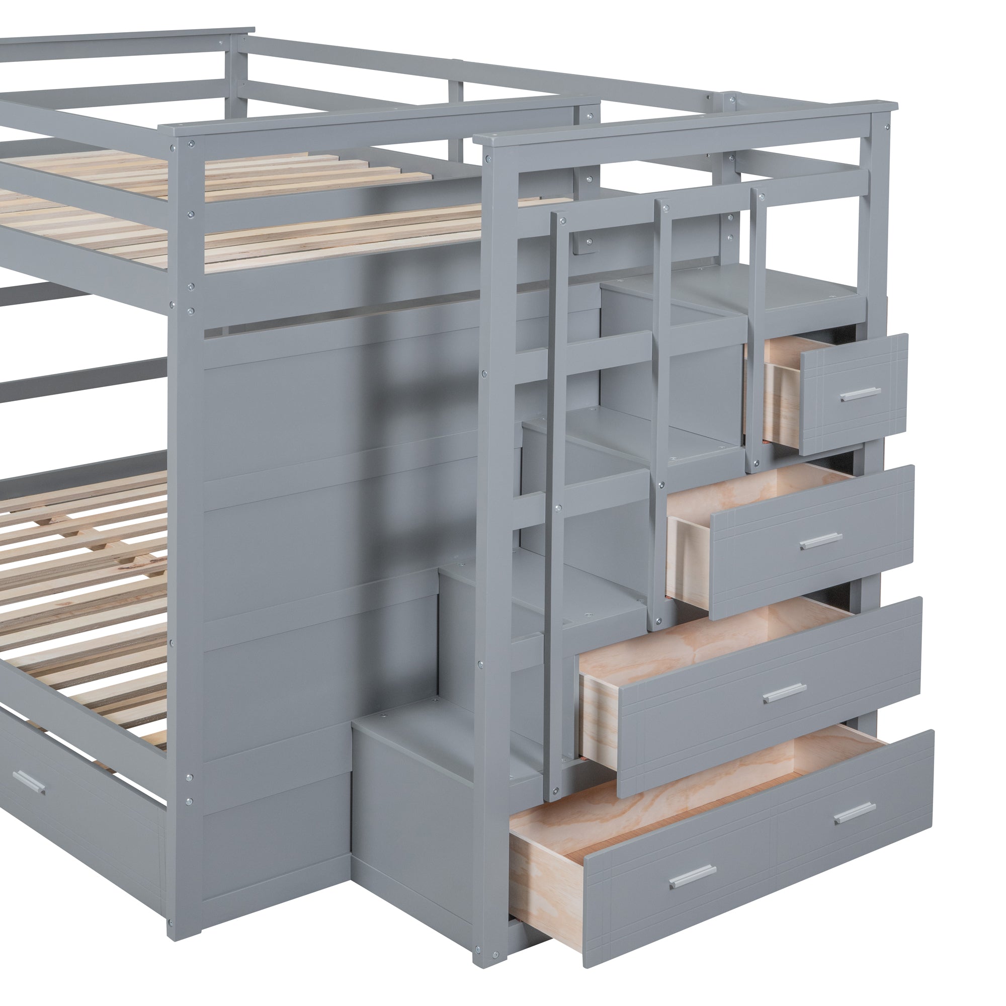 Full Over Full Bunk Bed with Twin Size Trundle and Staircase, Gray