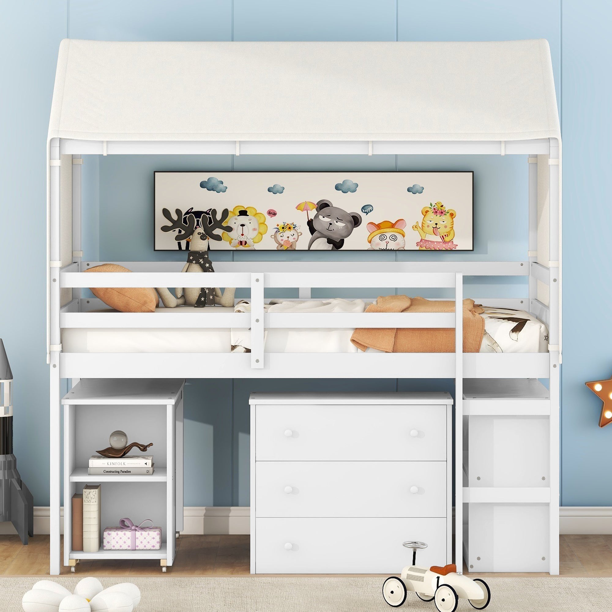 Twin Size Loft Bed with Rolling Cabinet, Shelf and Tent - White