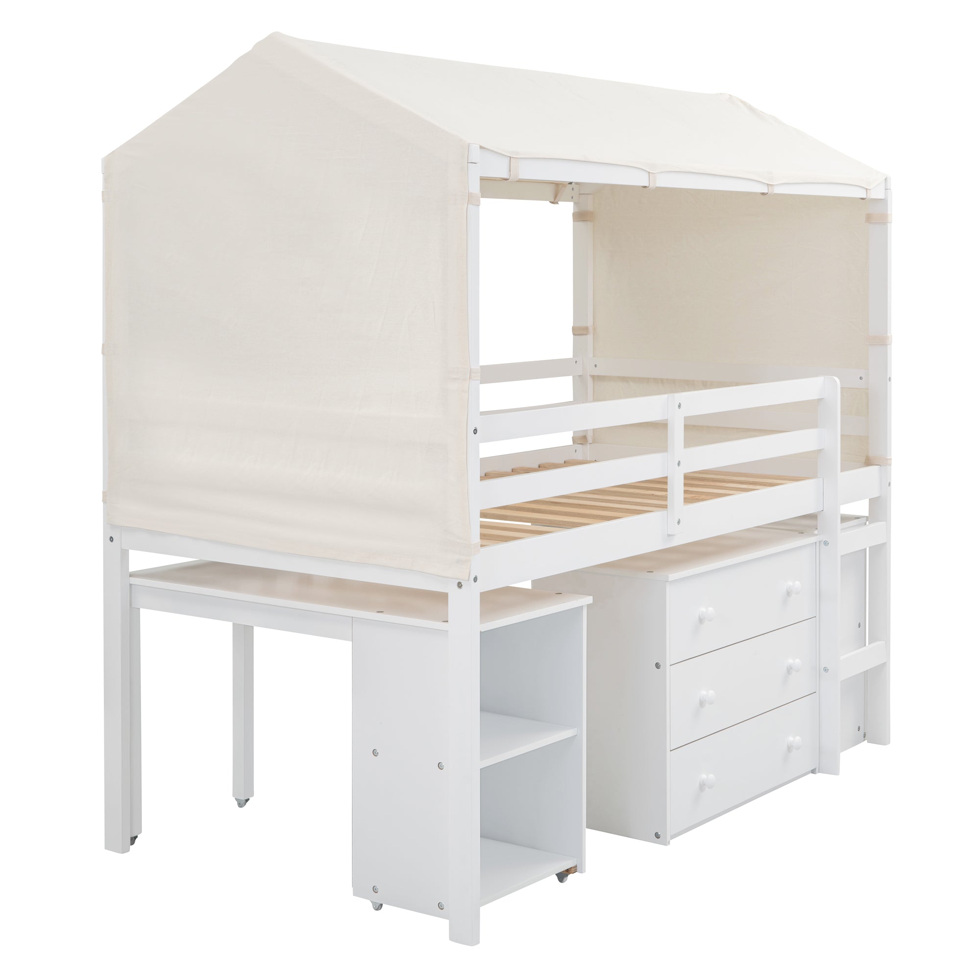 Twin Size Loft Bed with Rolling Cabinet, Shelf and Tent - White