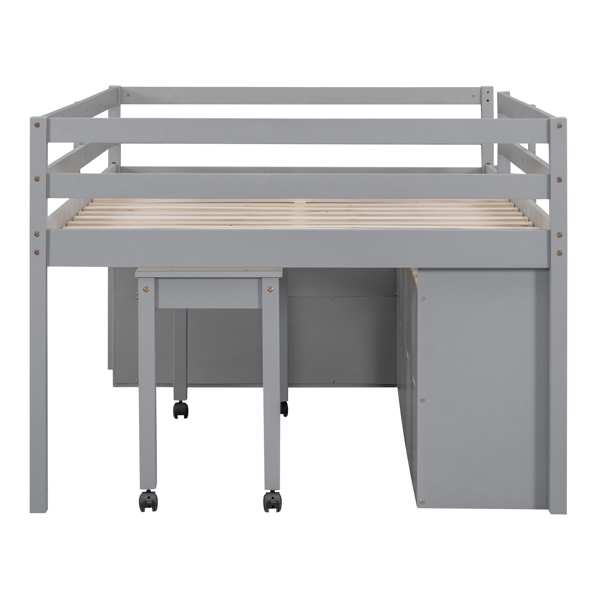 Full Size Loft Bed with Retractable Writing Desk and 4 Drawers, Wooden Loft Bed with Lateral Portable Desk and Shelves, Gray