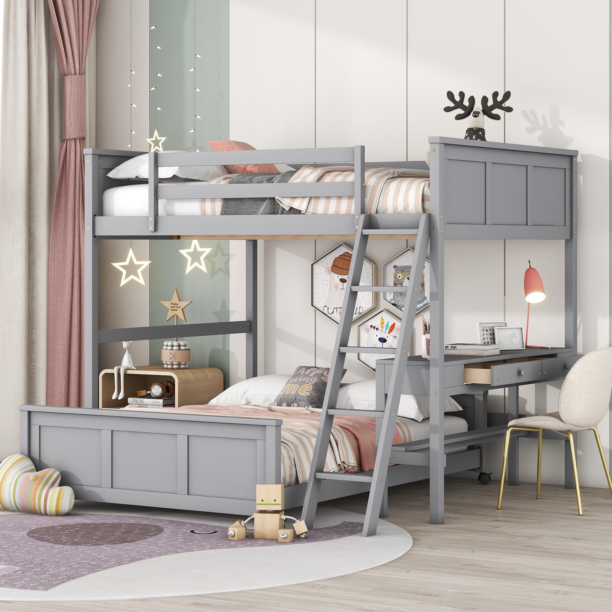 Full Over Full Bunk Bed with Desk, Gray