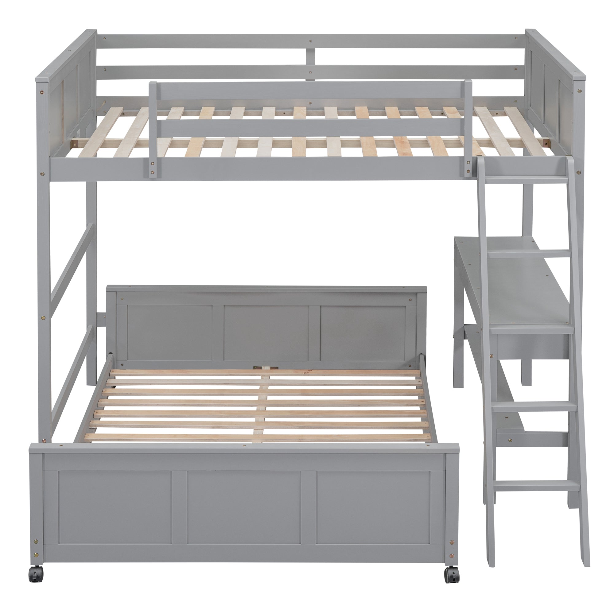 Full Over Full Bunk Bed with Desk, Gray