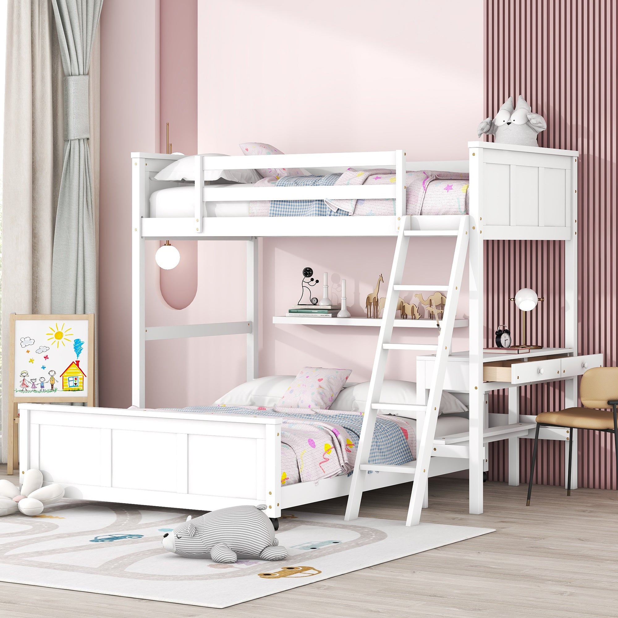 Twin Over Full Bunk Bed with Desk, White