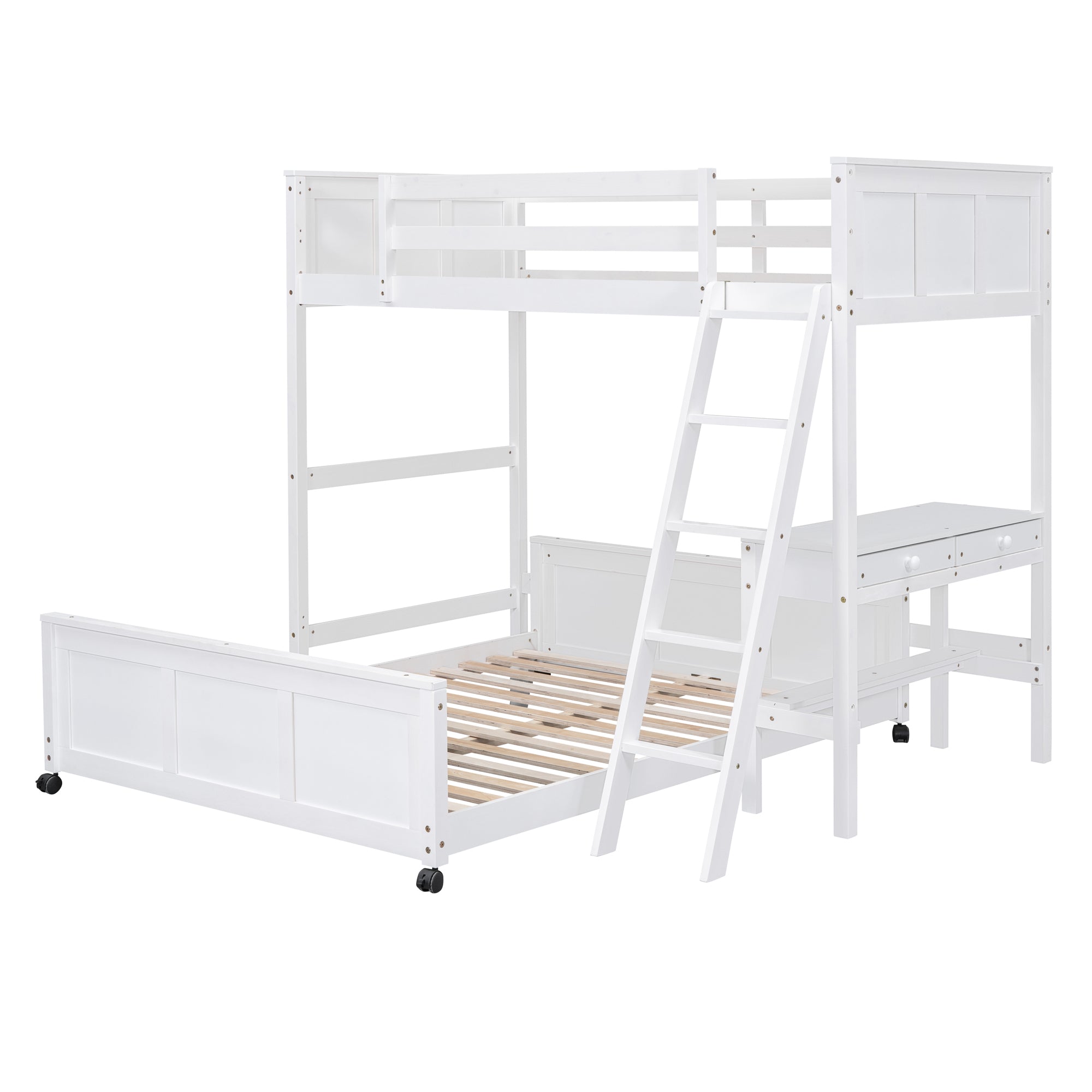 Twin Over Full Bunk Bed with Desk, White