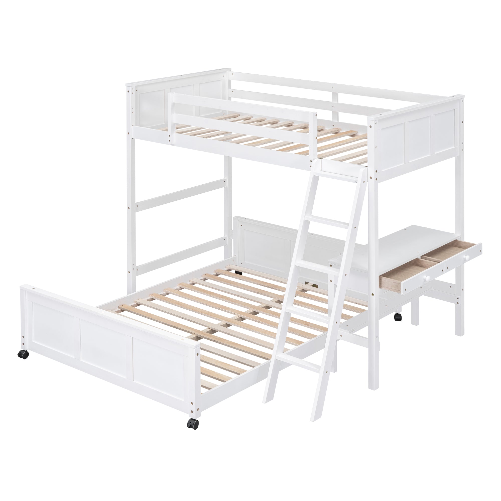 Twin Over Full Bunk Bed with Desk, White