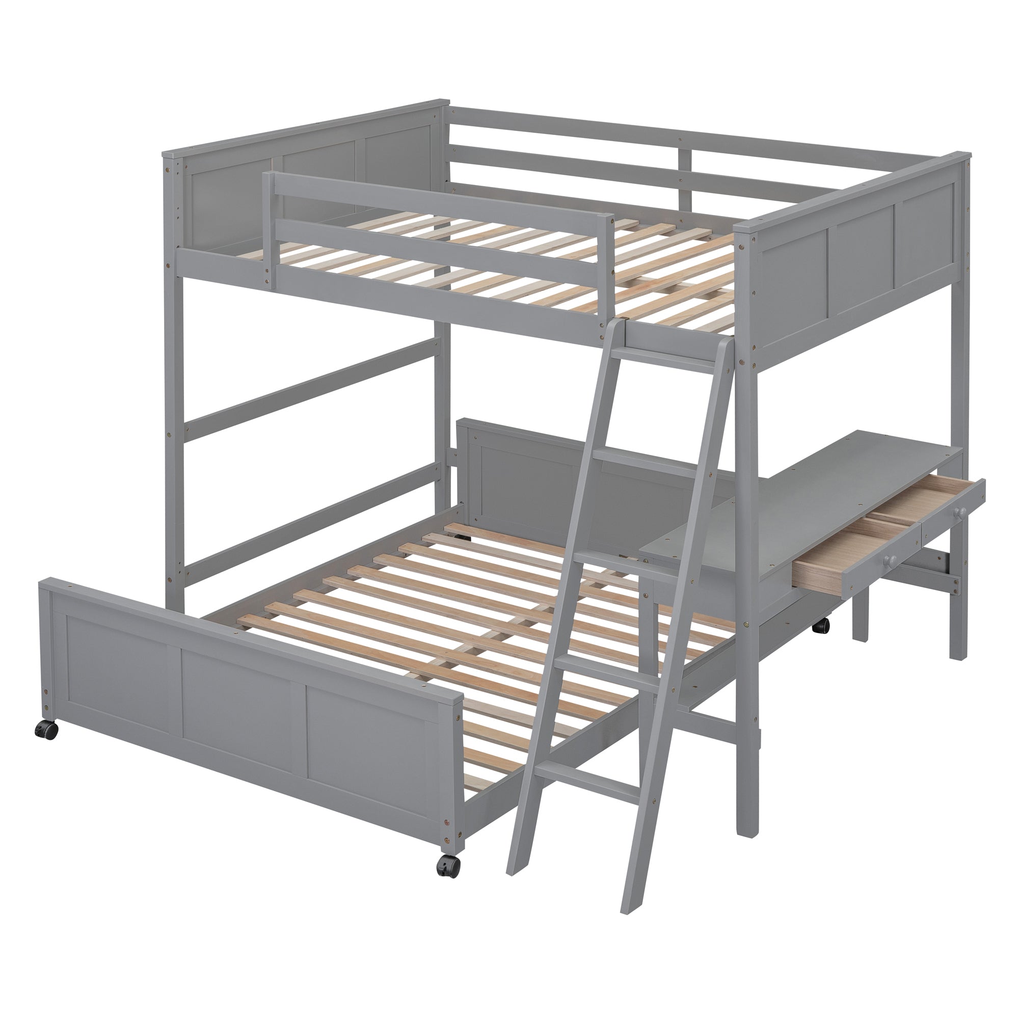 Full Over Full Bunk Bed with Desk, Gray