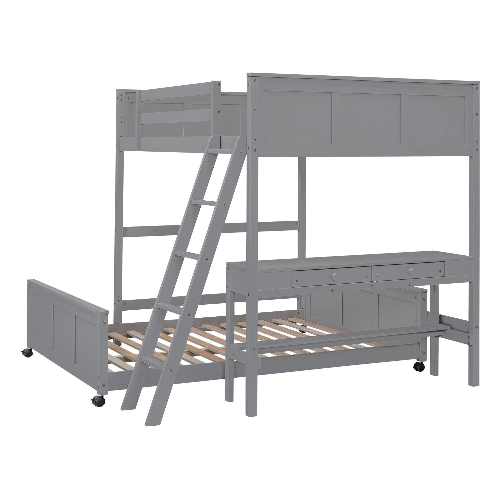 Full Over Full Bunk Bed with Desk, Gray