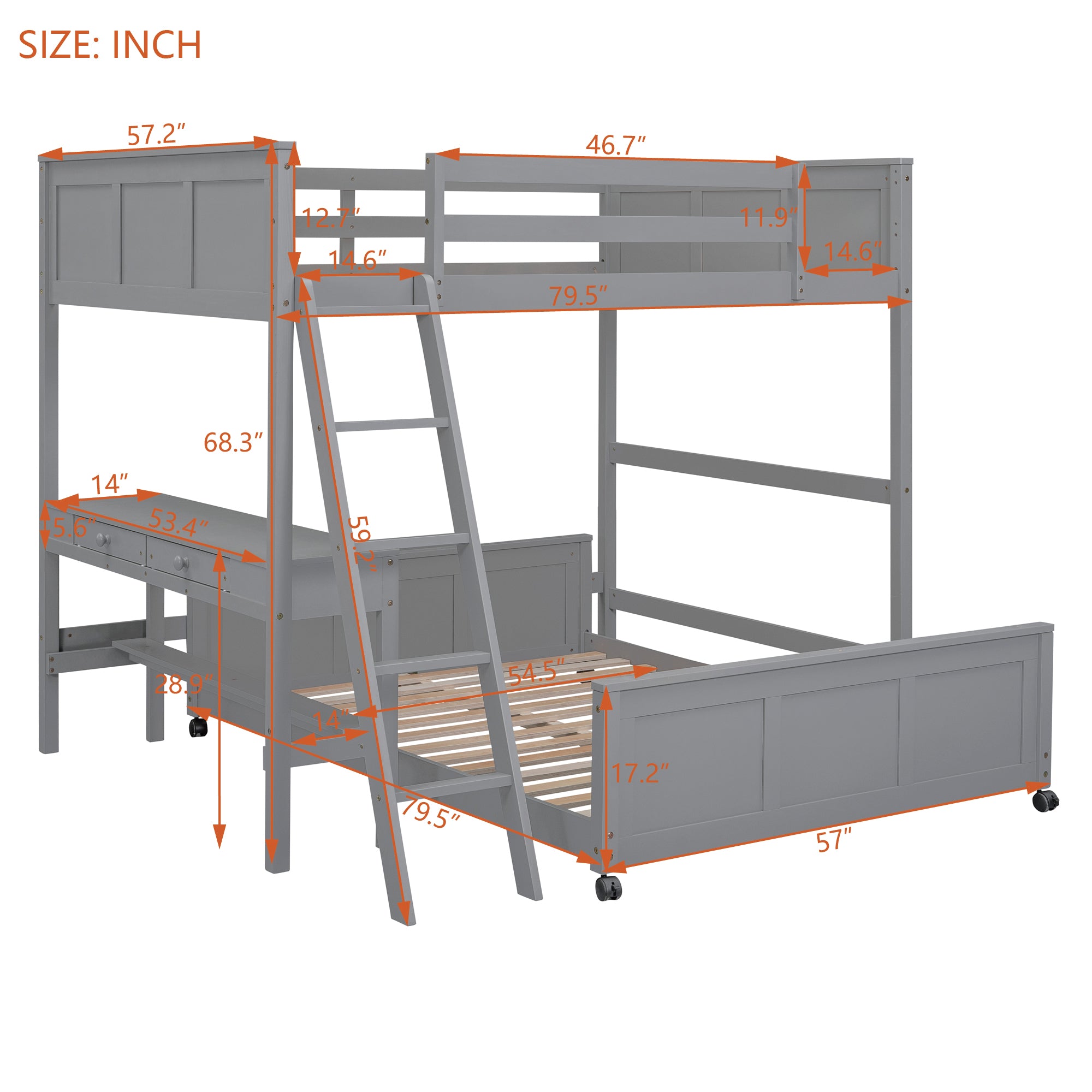 Full Over Full Bunk Bed with Desk, Gray