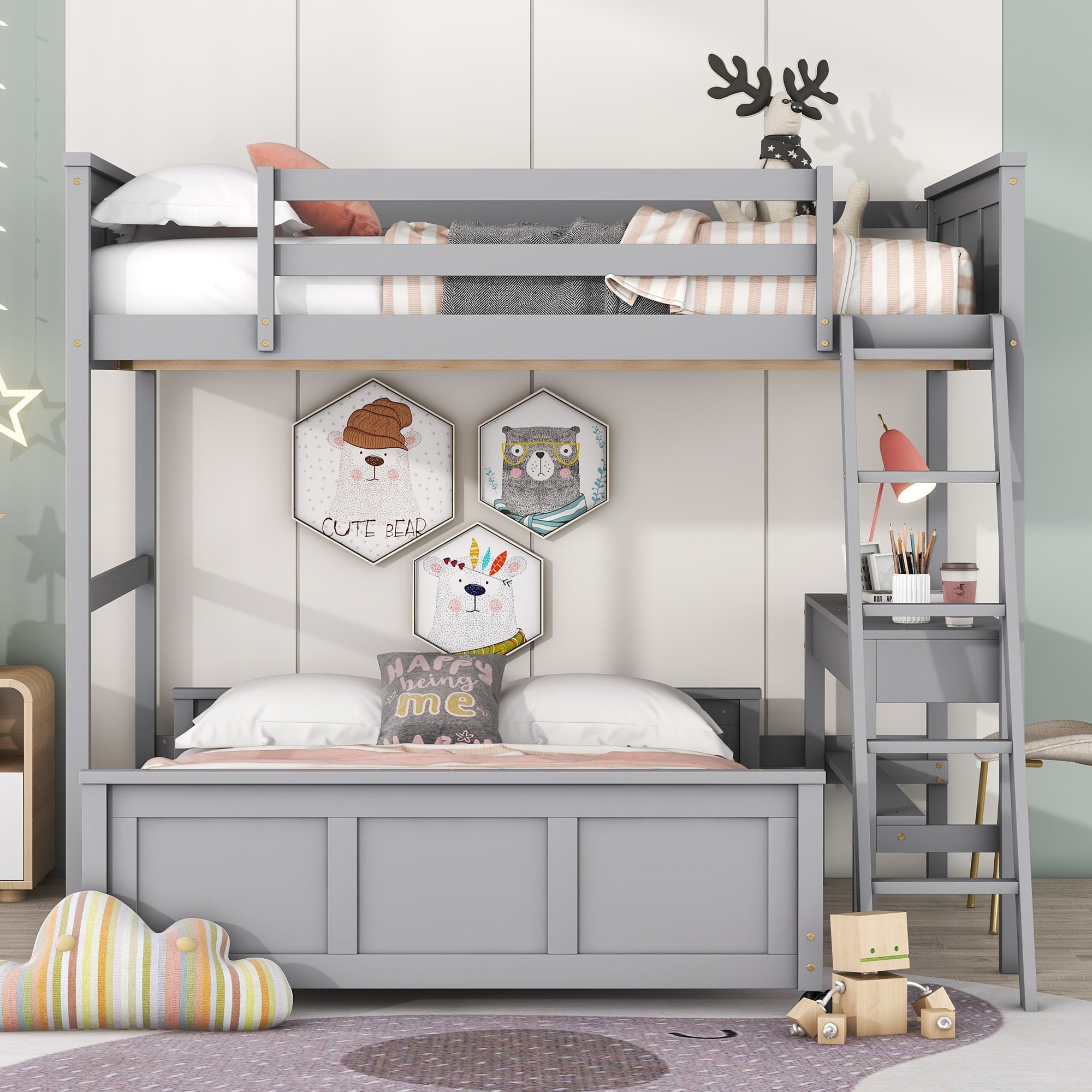 Full Over Full Bunk Bed with Desk, Gray