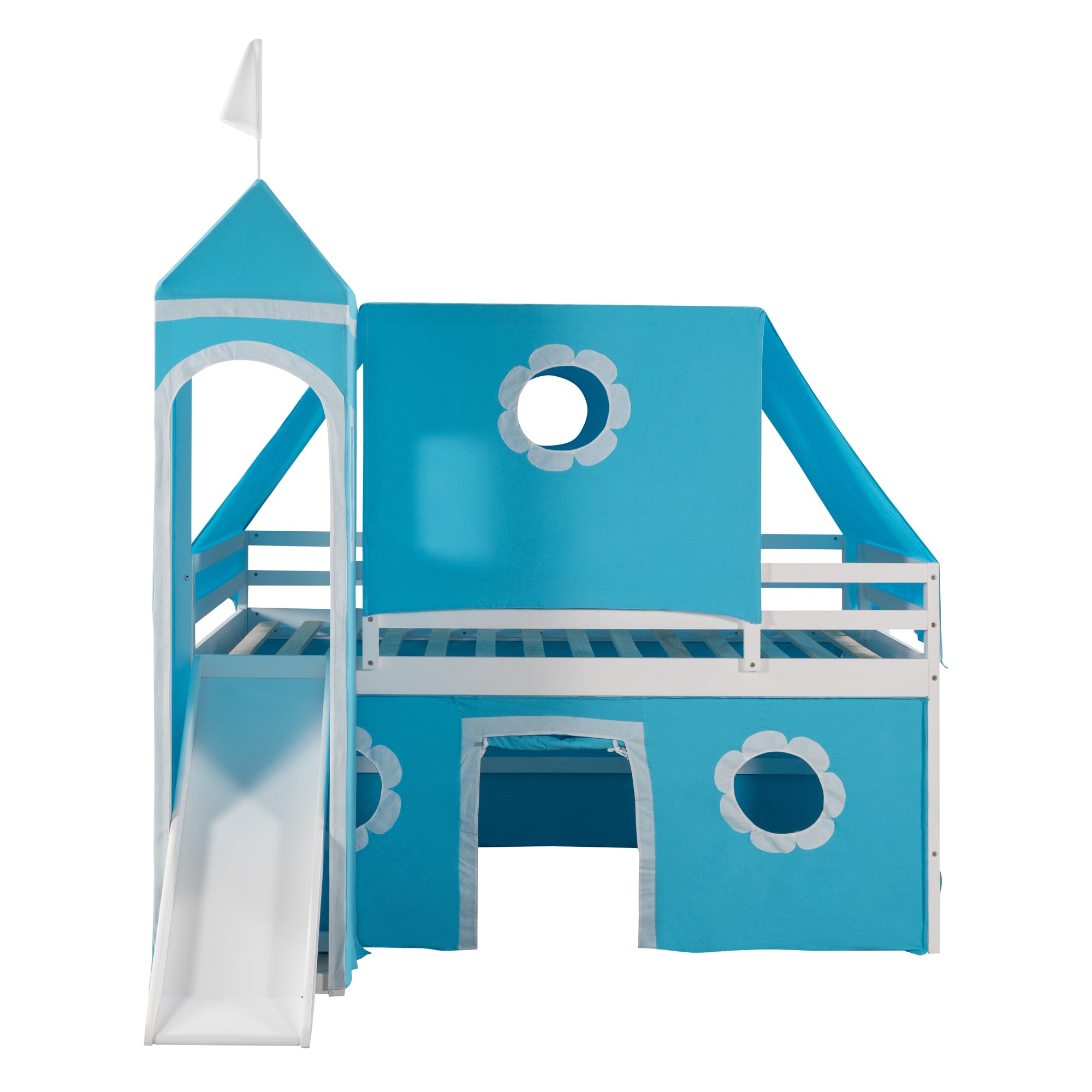 Full Size Bunk Bed with Slide Blue Tent and Tower - Blue