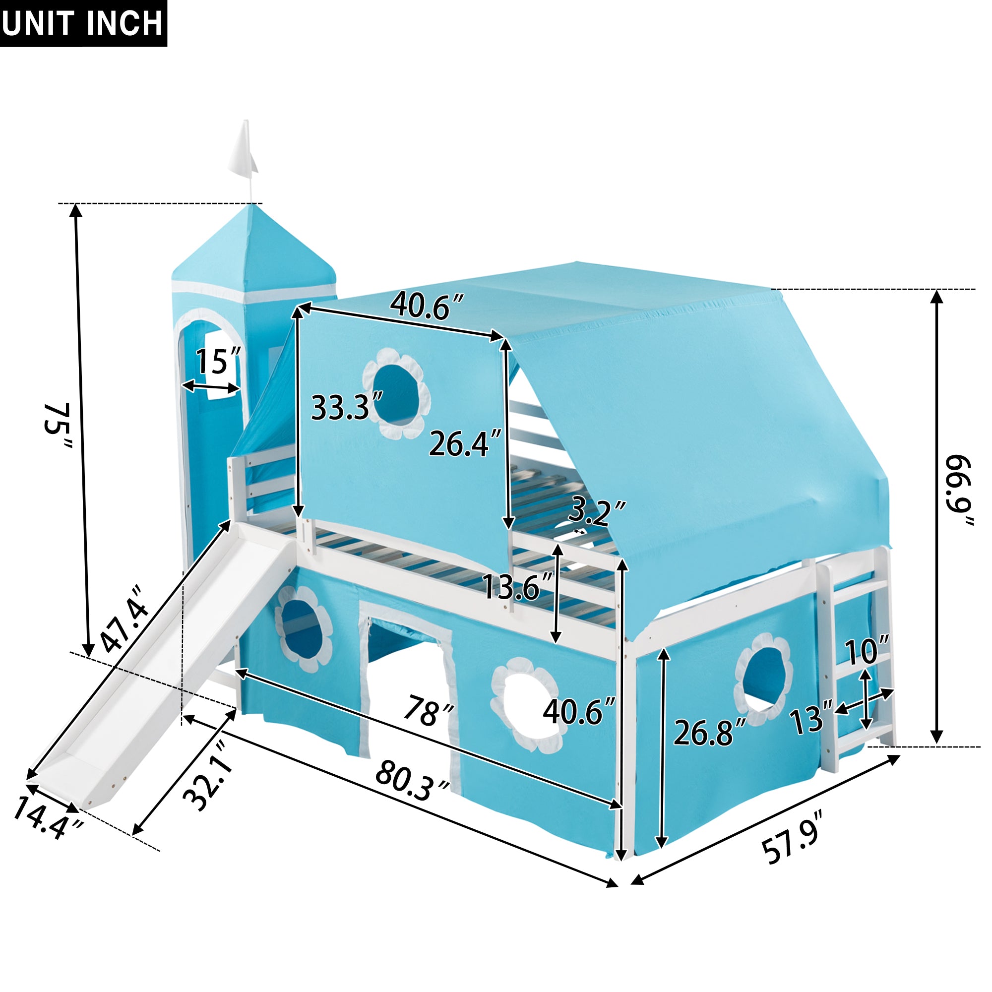 Full Size Bunk Bed with Slide Blue Tent and Tower - Blue