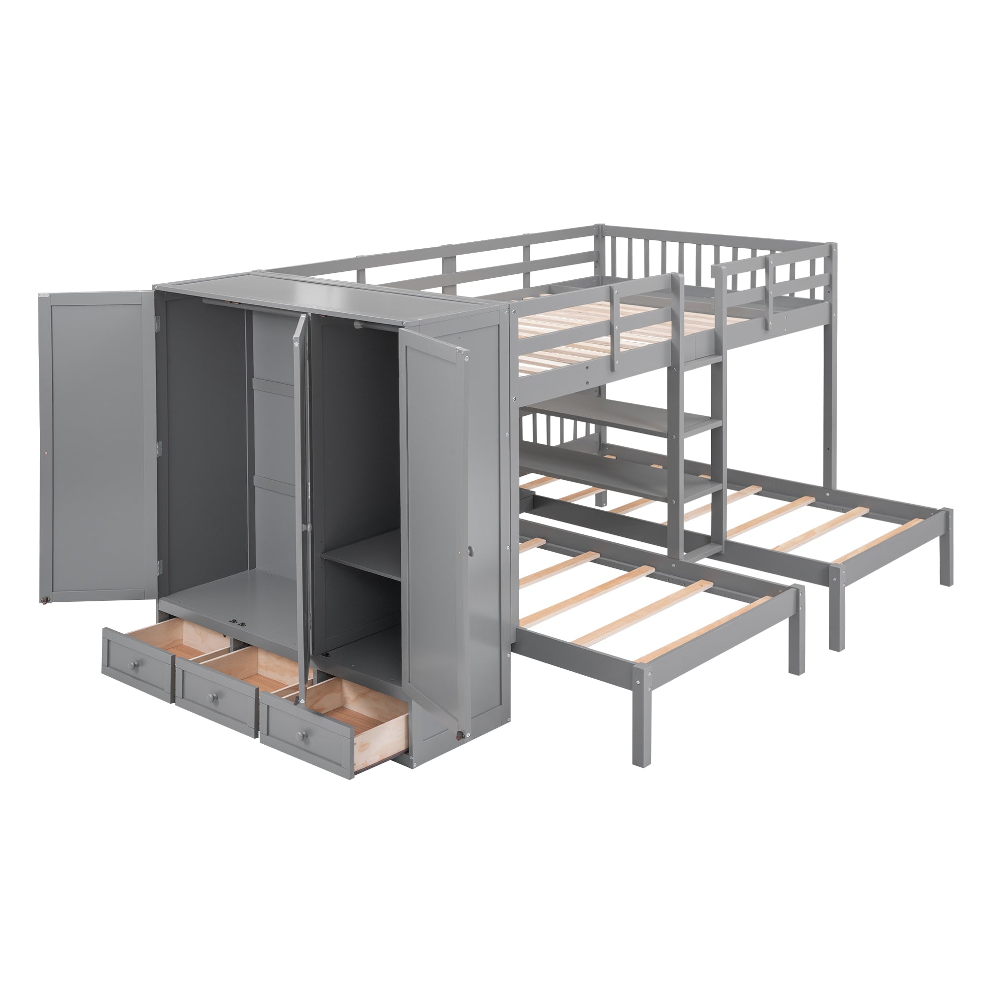 Full-Over-Twin-Twin Bunk Bed with Shelves, Wardrobe and Mirror, Gray