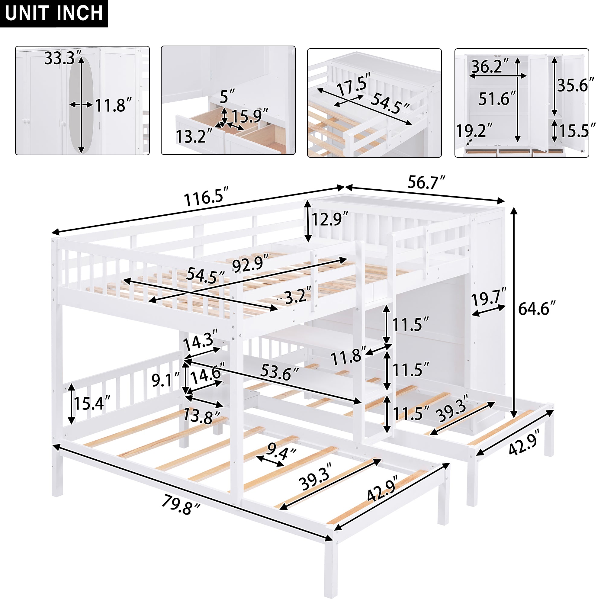 Full-Over-Twin-Twin Bunk Bed with Shelves, Wardrobe and Mirror, White