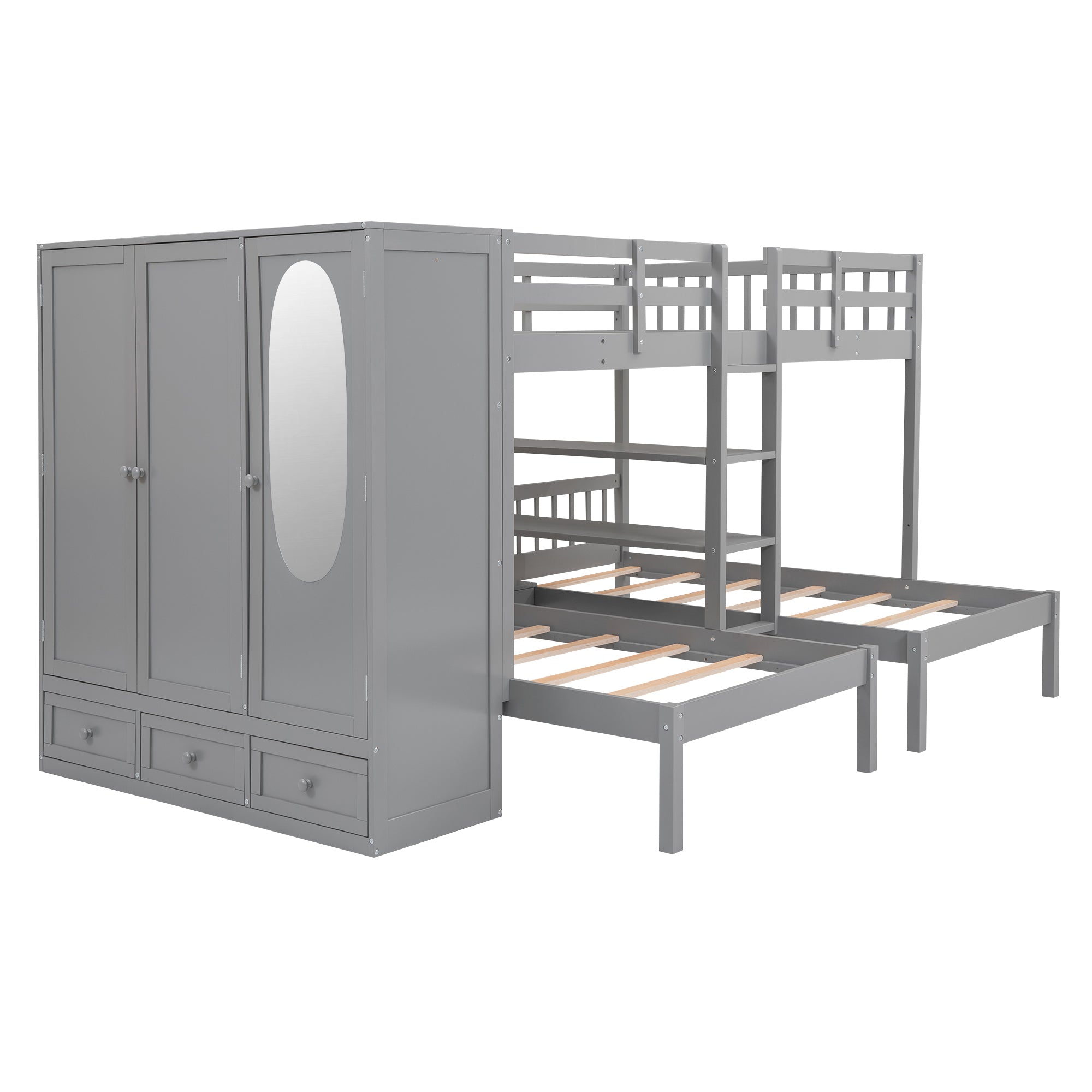 Full-Over-Twin-Twin Bunk Bed with Shelves, Wardrobe and Mirror, Gray