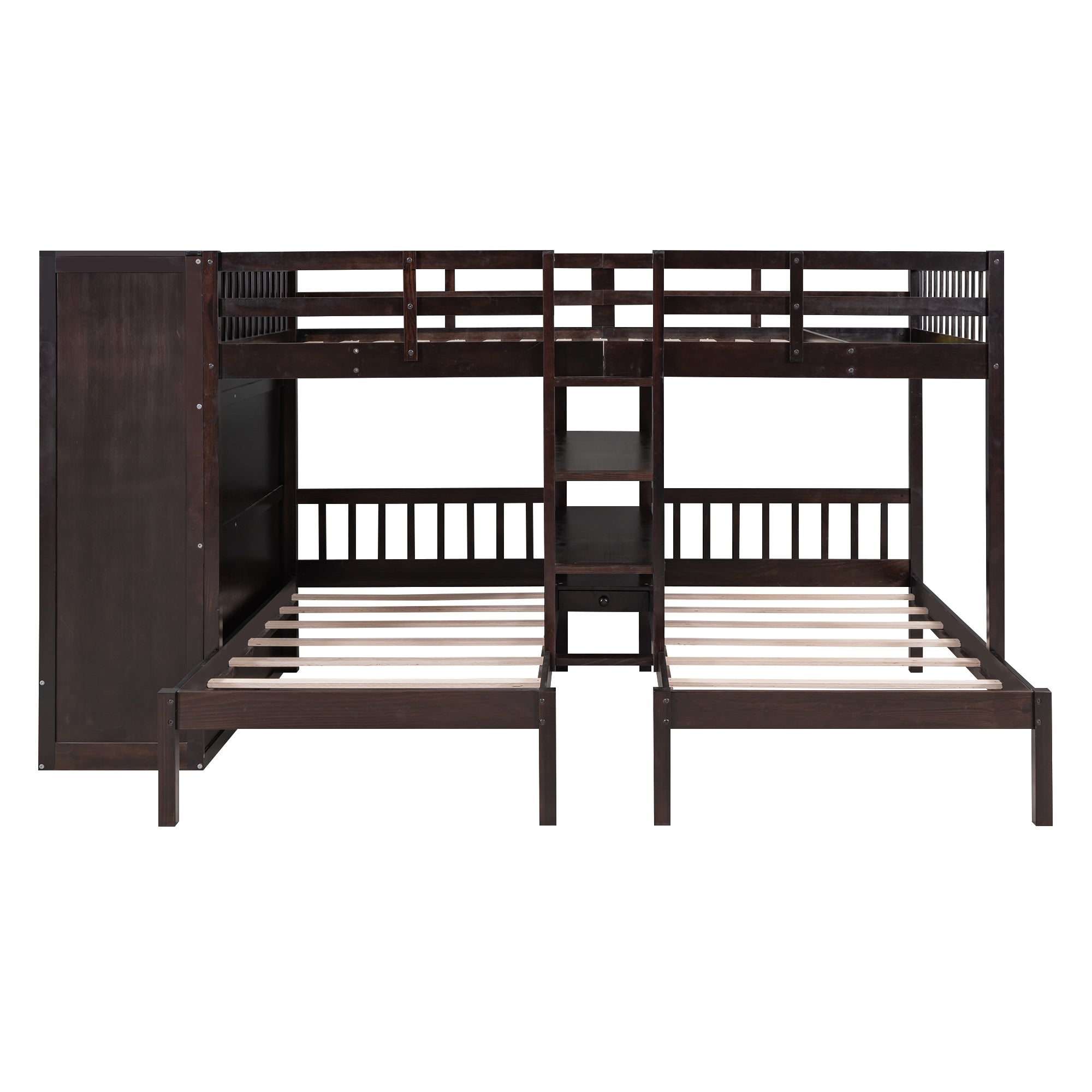 Full-Over-Twin-Twin Bunk Bed with Shelves, Wardrobe and Mirror, Espresso