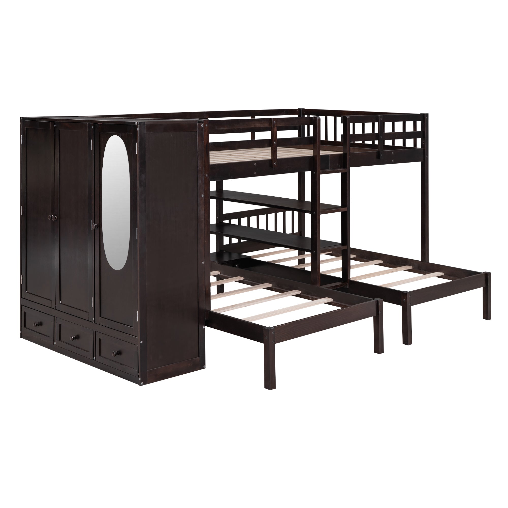 Full-Over-Twin-Twin Bunk Bed with Shelves, Wardrobe and Mirror, Espresso