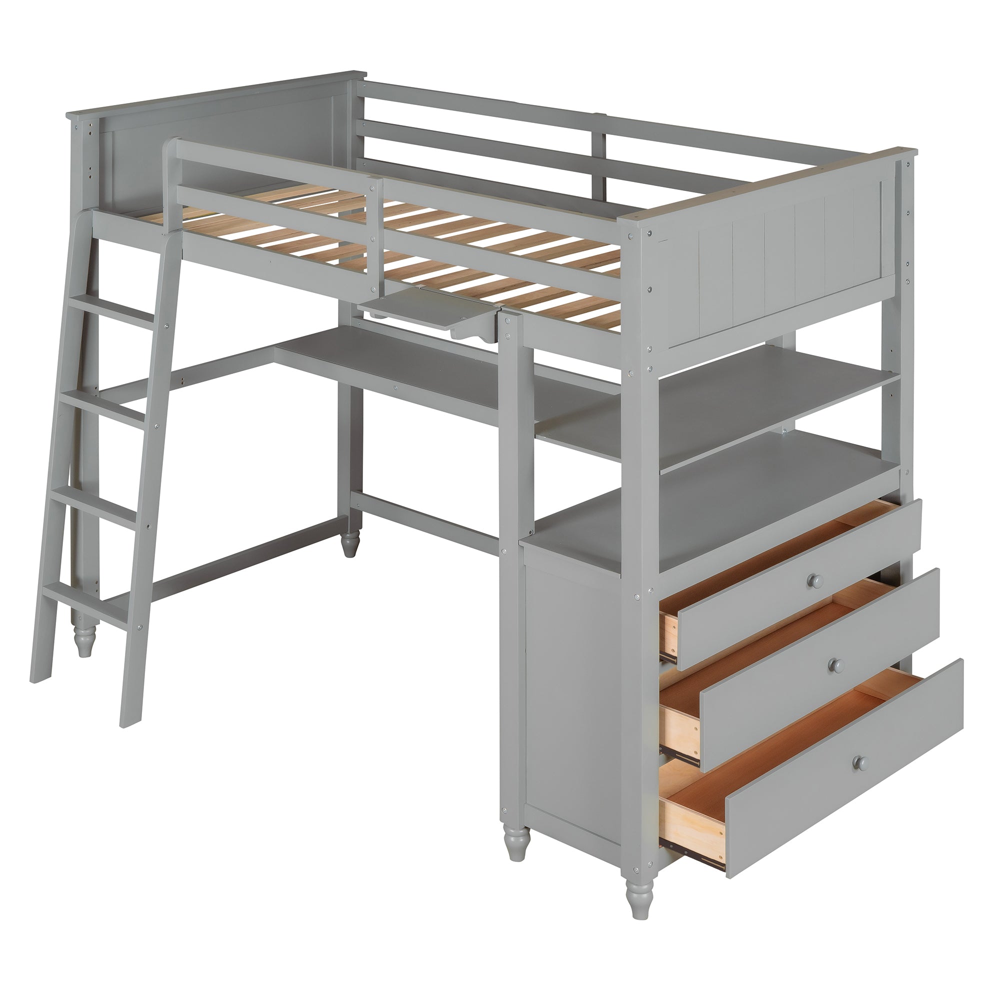 Twin size Loft Bed with Drawers and Desk, Wooden Loft Bed with Shelves - Gray