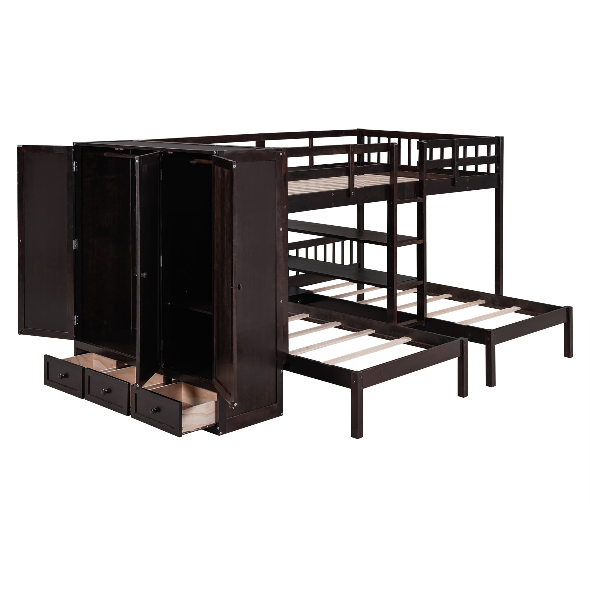 Full-Over-Twin-Twin Bunk Bed with Shelves, Wardrobe and Mirror, Espresso