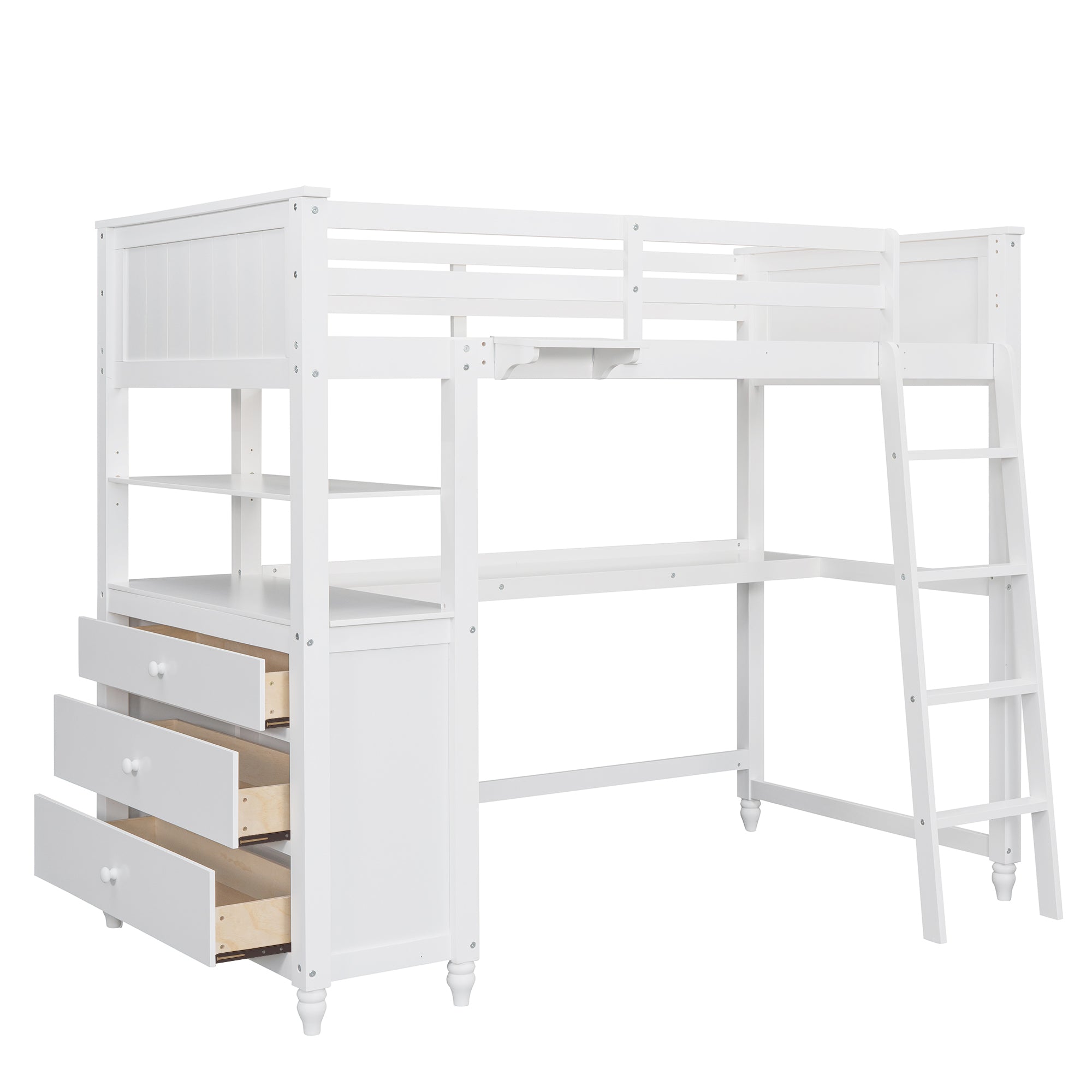 Twin size Loft Bed with Drawers and Desk, Wooden Loft Bed with Shelves - White