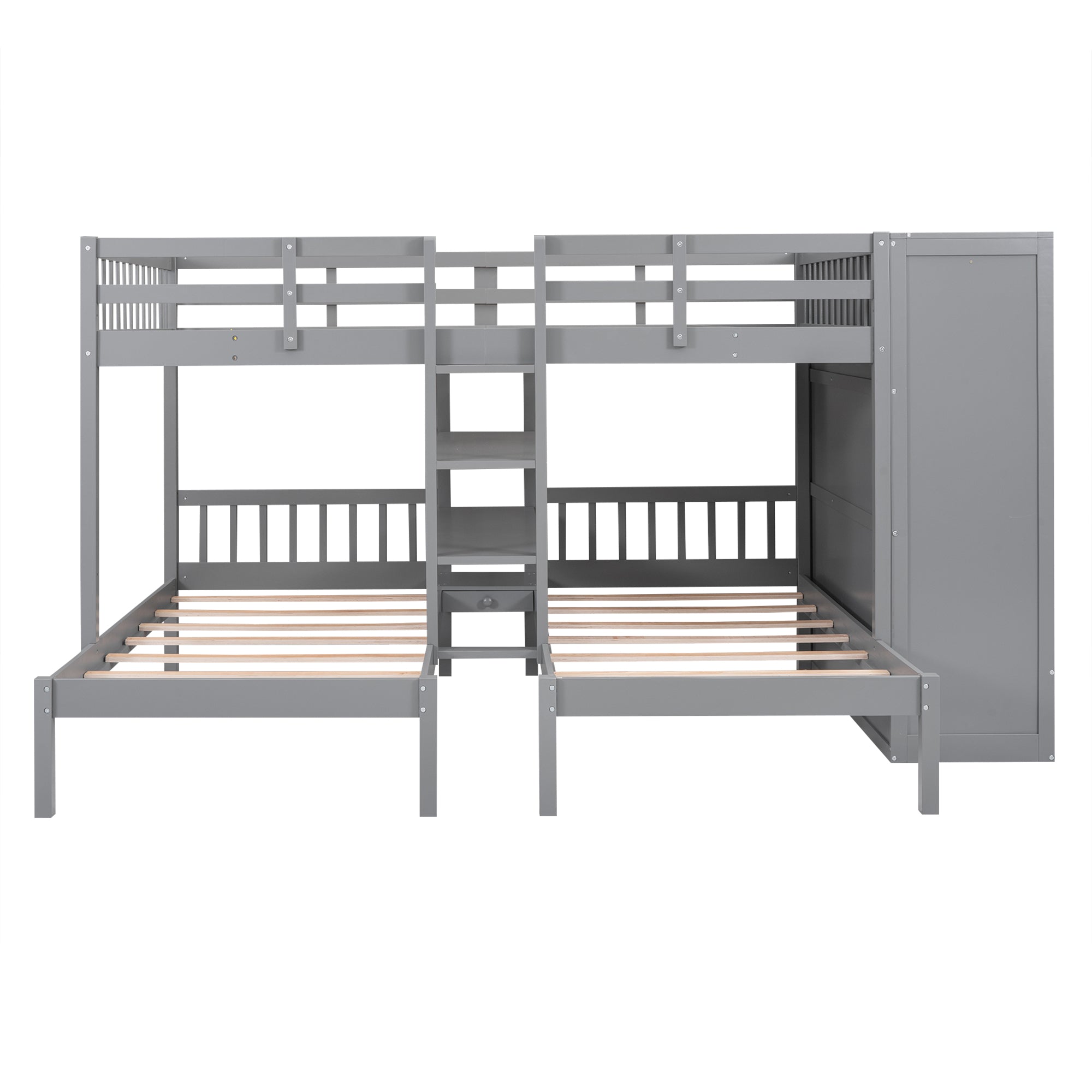 Full-Over-Twin-Twin Bunk Bed with Shelves, Wardrobe and Mirror, Gray