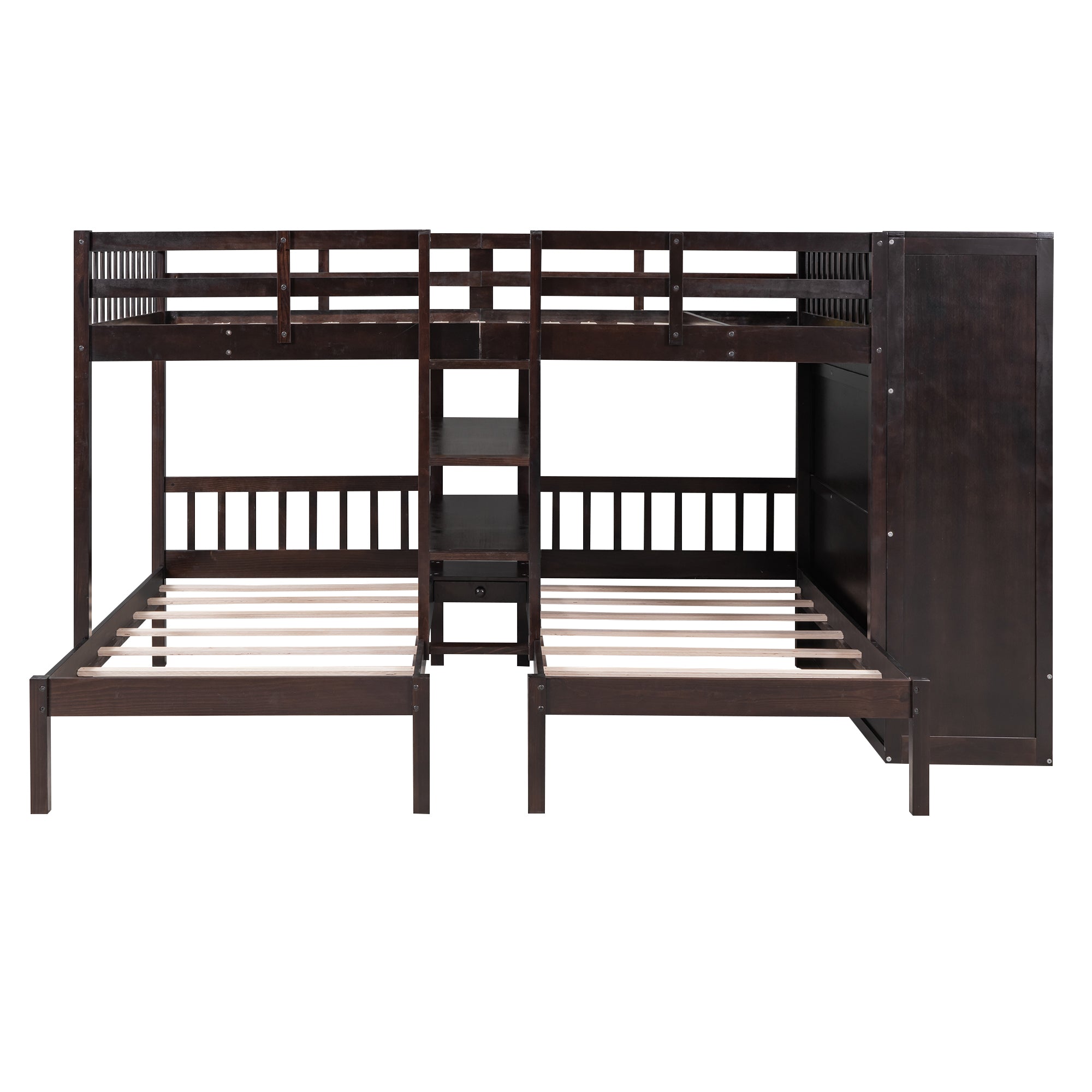 Full-Over-Twin-Twin Bunk Bed with Shelves, Wardrobe and Mirror, Espresso