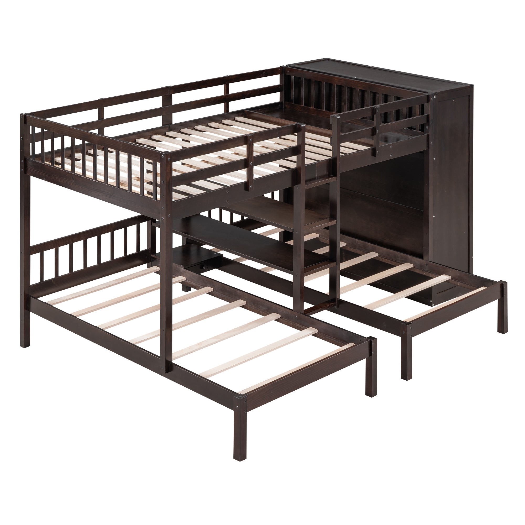 Full-Over-Twin-Twin Bunk Bed with Shelves, Wardrobe and Mirror, Espresso