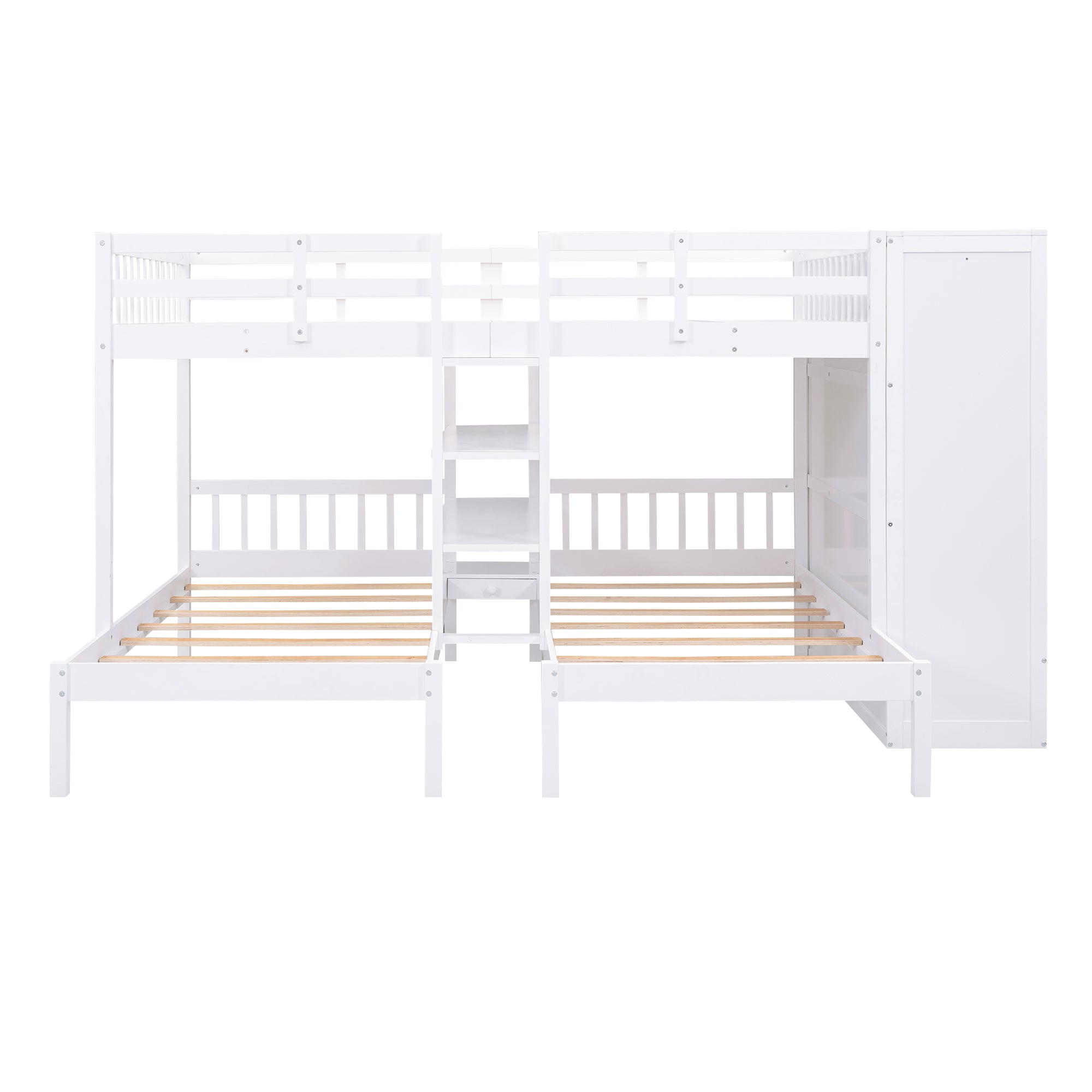 Full-Over-Twin-Twin Bunk Bed with Shelves, Wardrobe and Mirror, White