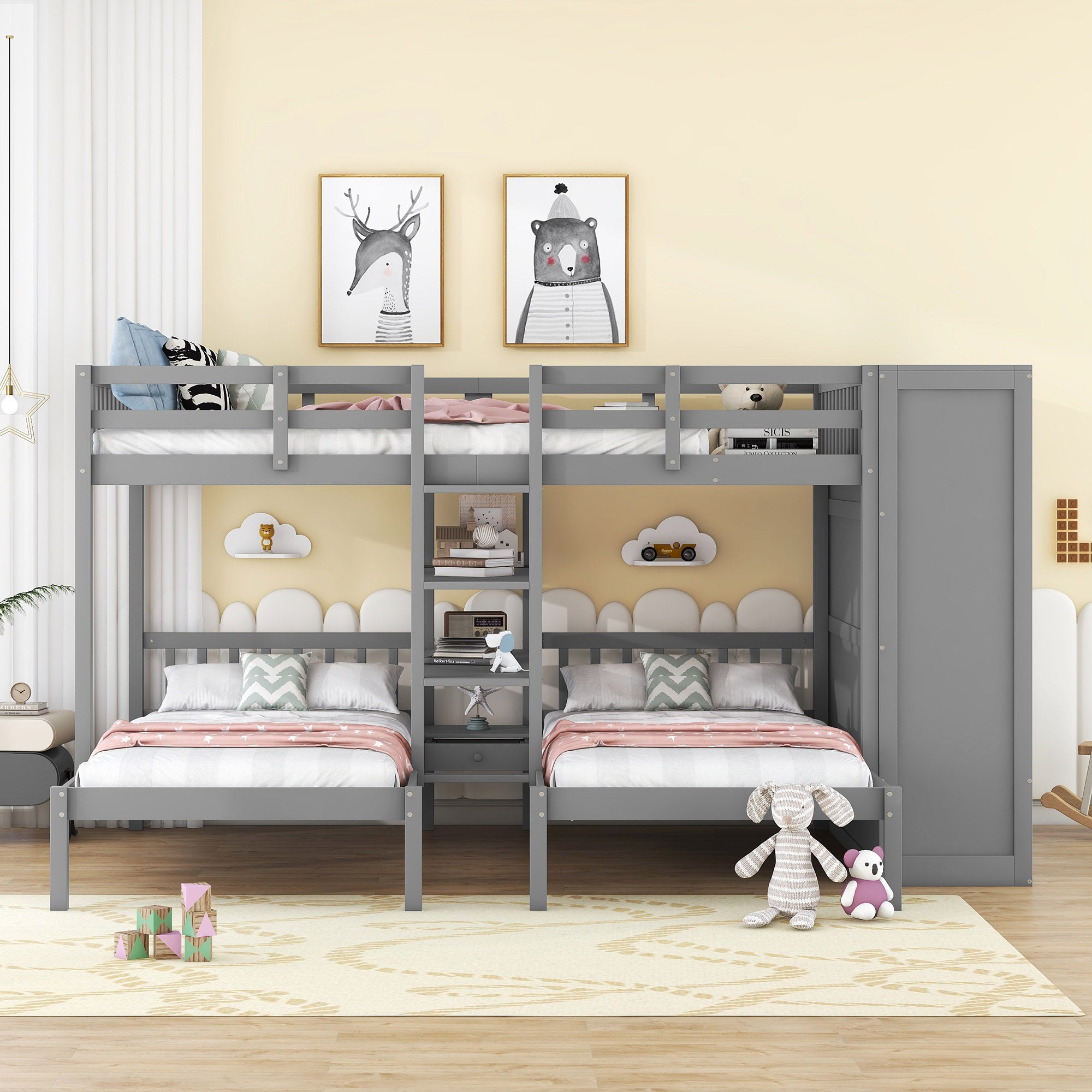 Full-Over-Twin-Twin Bunk Bed with Shelves, Wardrobe and Mirror, Gray