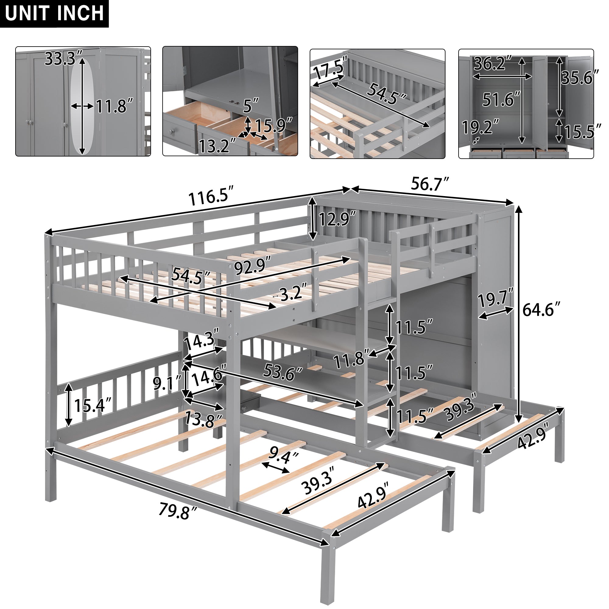 Full-Over-Twin-Twin Bunk Bed with Shelves, Wardrobe and Mirror, Gray