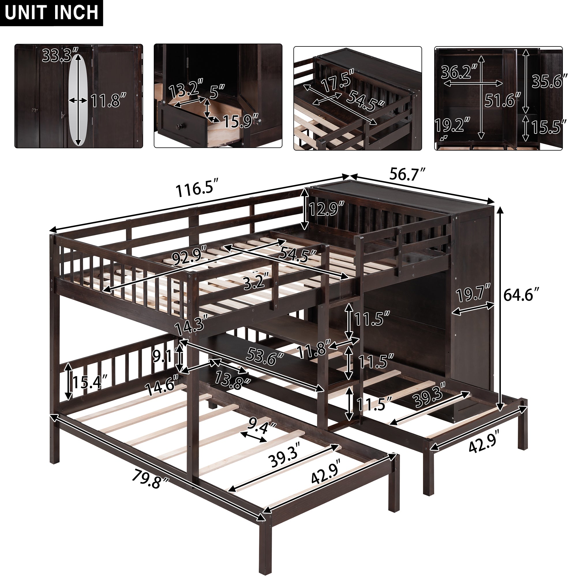 Full-Over-Twin-Twin Bunk Bed with Shelves, Wardrobe and Mirror, Espresso