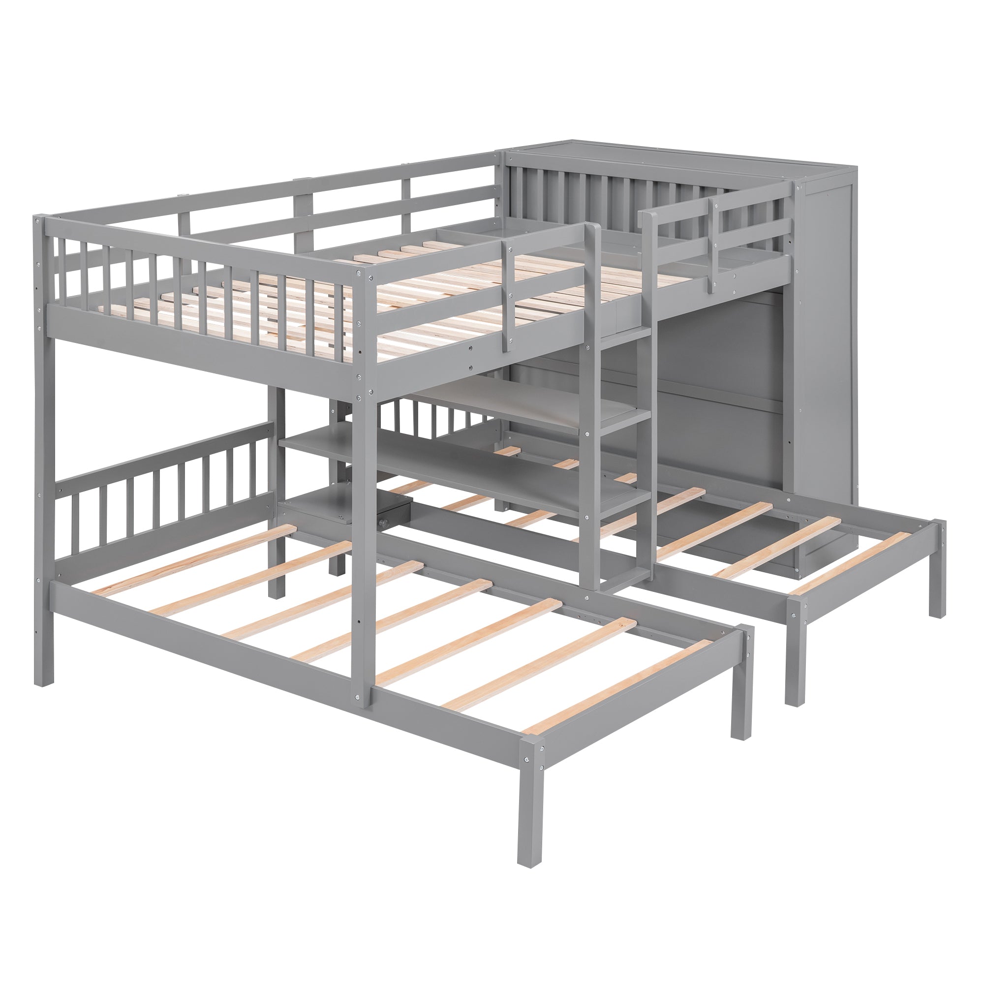 Full-Over-Twin-Twin Bunk Bed with Shelves, Wardrobe and Mirror, Gray