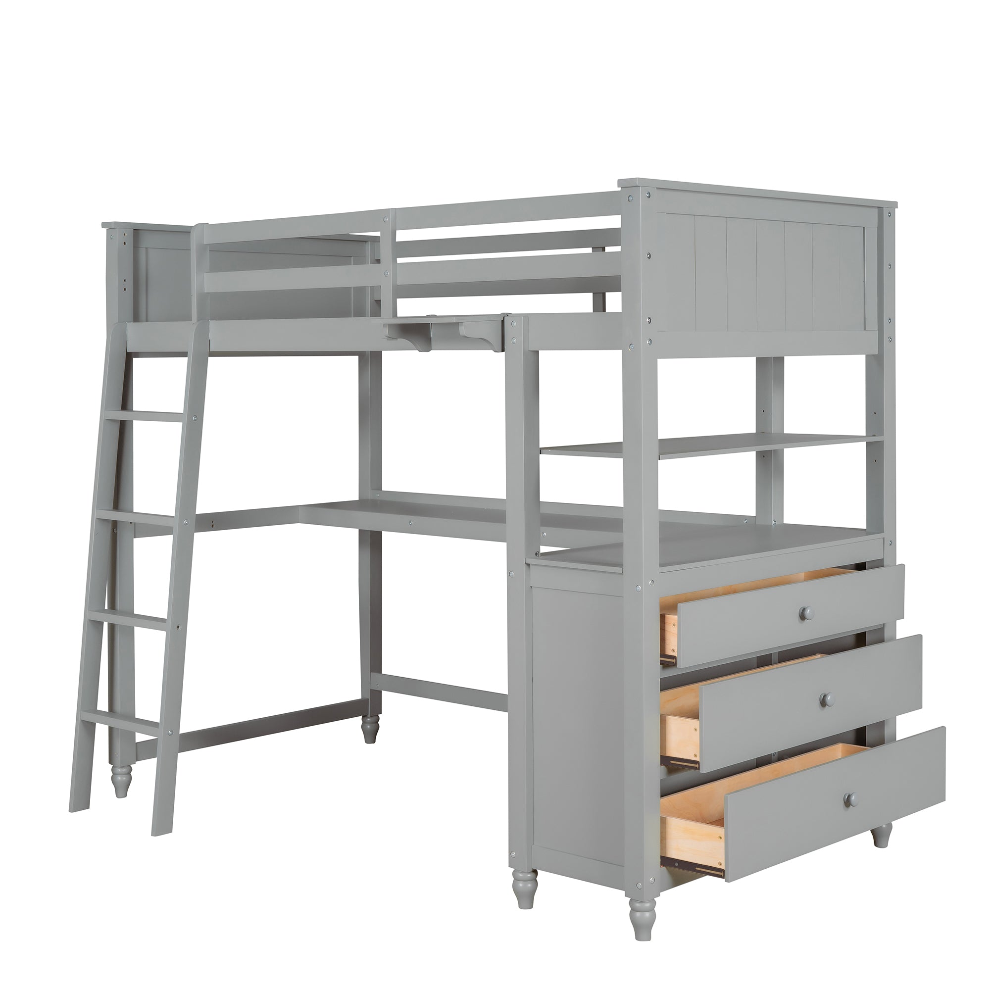 Twin size Loft Bed with Drawers and Desk, Wooden Loft Bed with Shelves - Gray