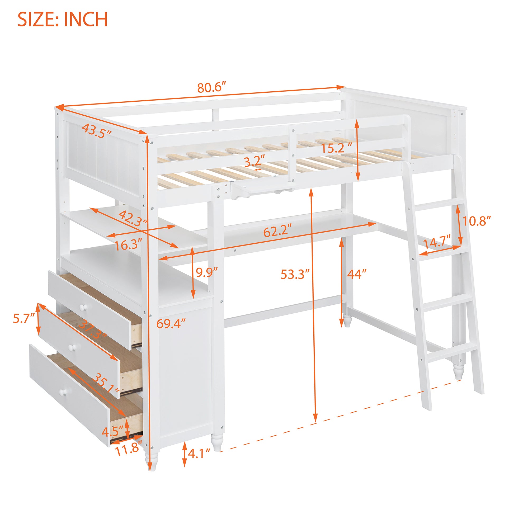 Twin size Loft Bed with Drawers and Desk, Wooden Loft Bed with Shelves - White