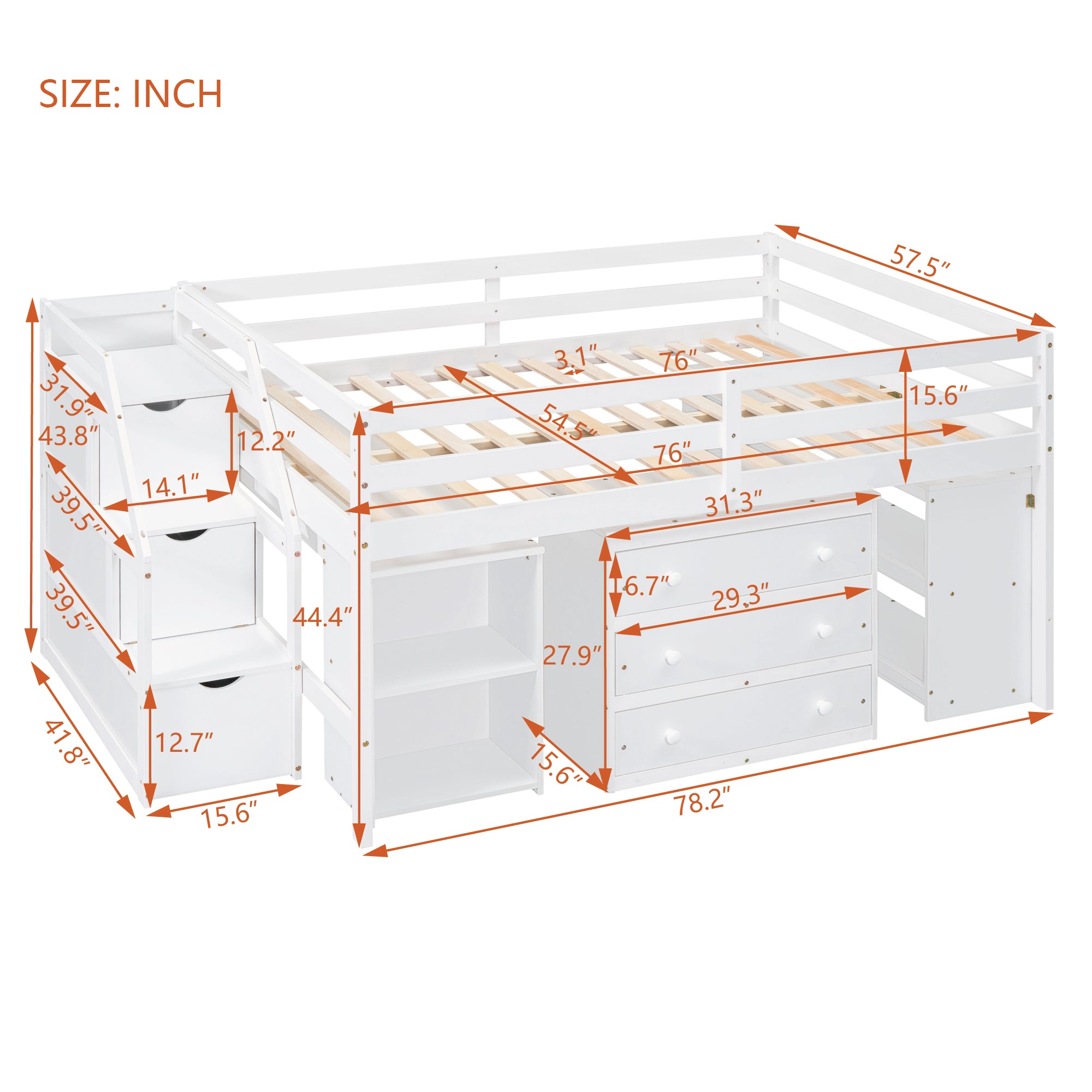 Full Size Loft Bed with Retractable Writing Desk and 3 Drawers, Wooden Loft Bed with Storage Stairs and Shelves, White