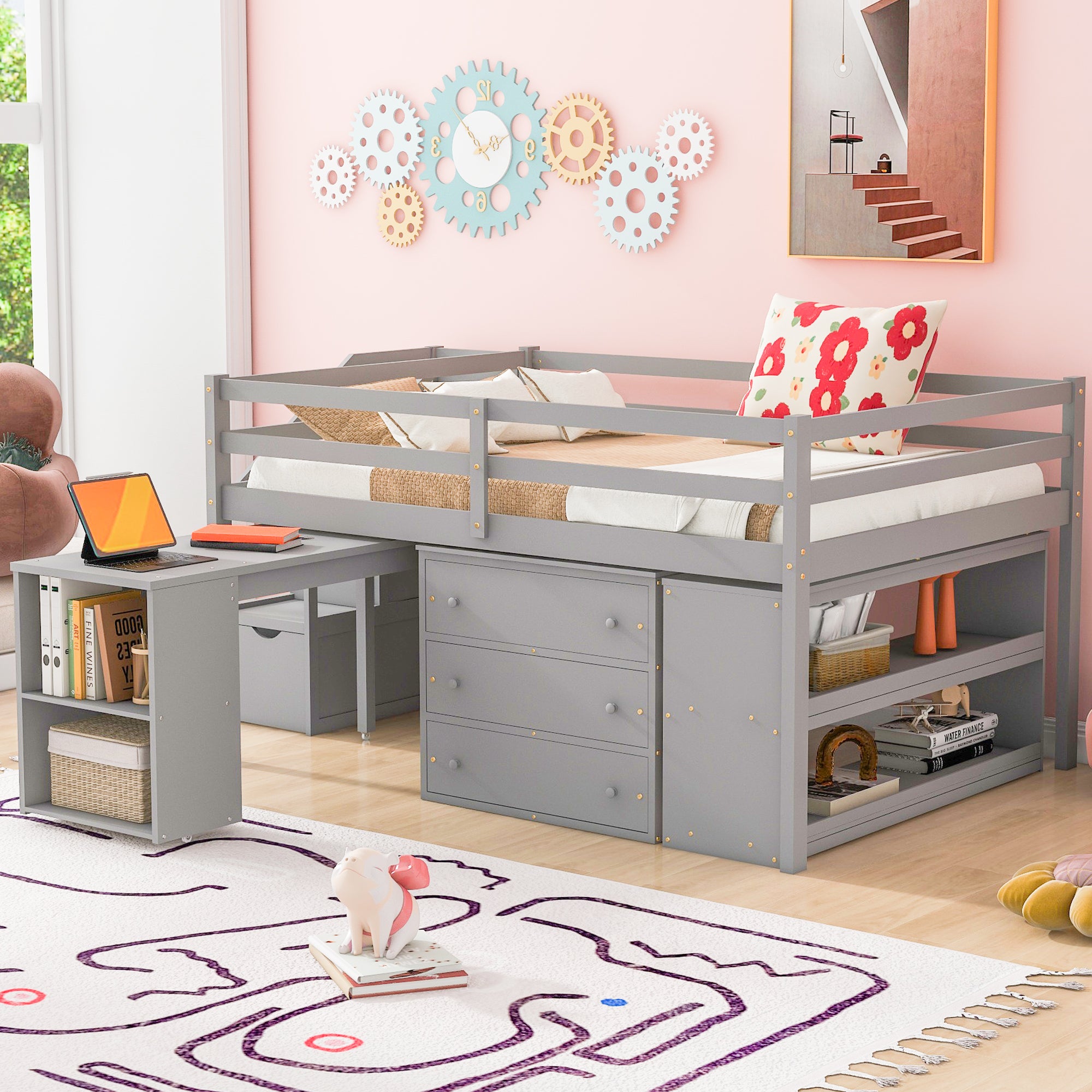 Full Size Loft Bed with Retractable Writing Desk and 3 Drawers, Wooden Loft Bed with Storage Stairs and Shelves, Gray