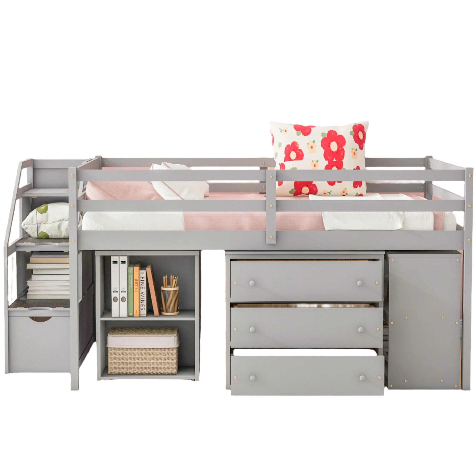 Full Size Loft Bed with Retractable Writing Desk and 3 Drawers, Wooden Loft Bed with Storage Stairs and Shelves, Gray