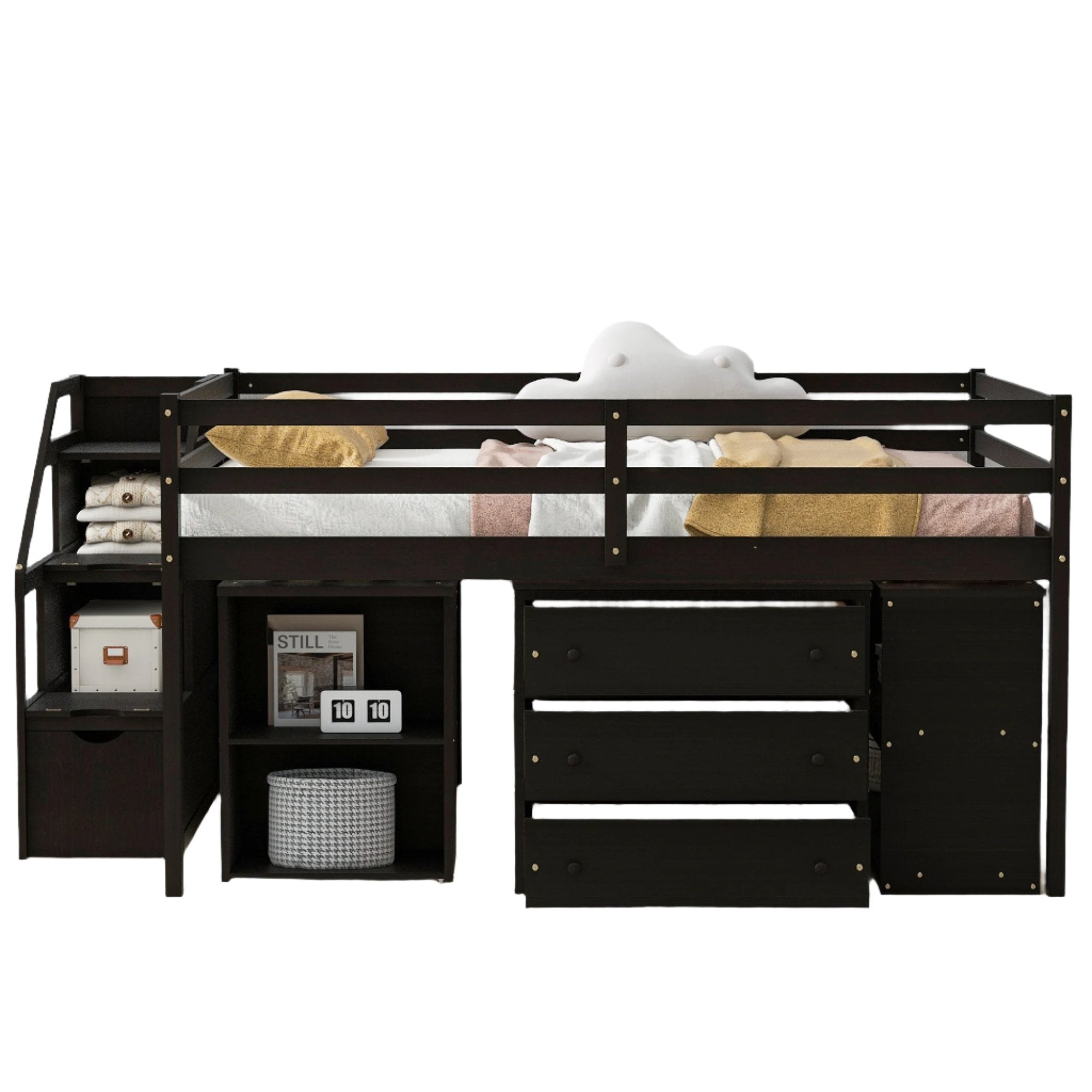 Full Size Loft Bed with Retractable Writing Desk and 3 Drawers, Wooden Loft Bed with Storage Stairs and Shelves, Espresso