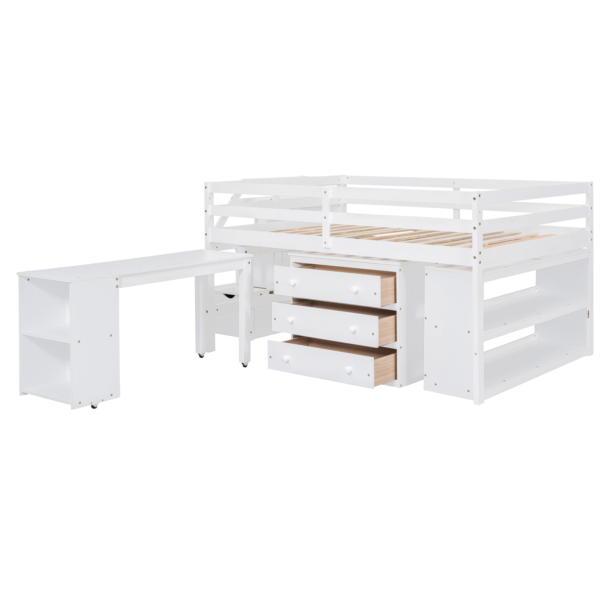 Full Size Loft Bed with Retractable Writing Desk and 3 Drawers, Wooden Loft Bed with Storage Stairs and Shelves, White