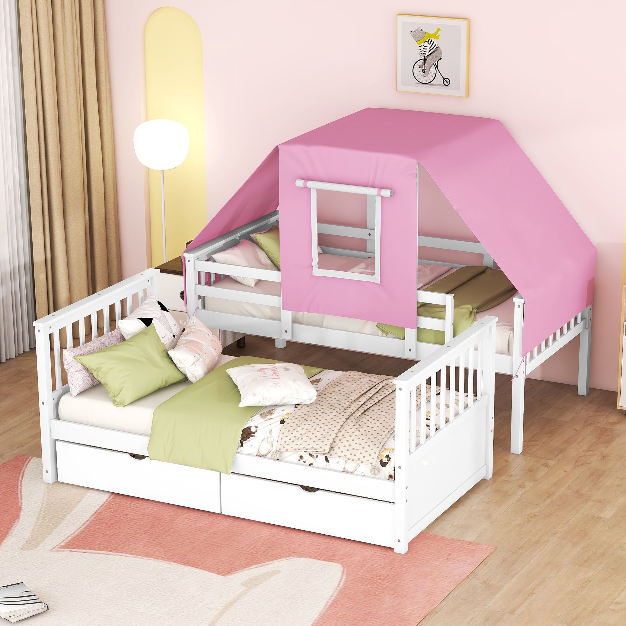 Twin Over Twin Bunk Bed Wood Bed with Tent and Drawers, White+Pink Tent