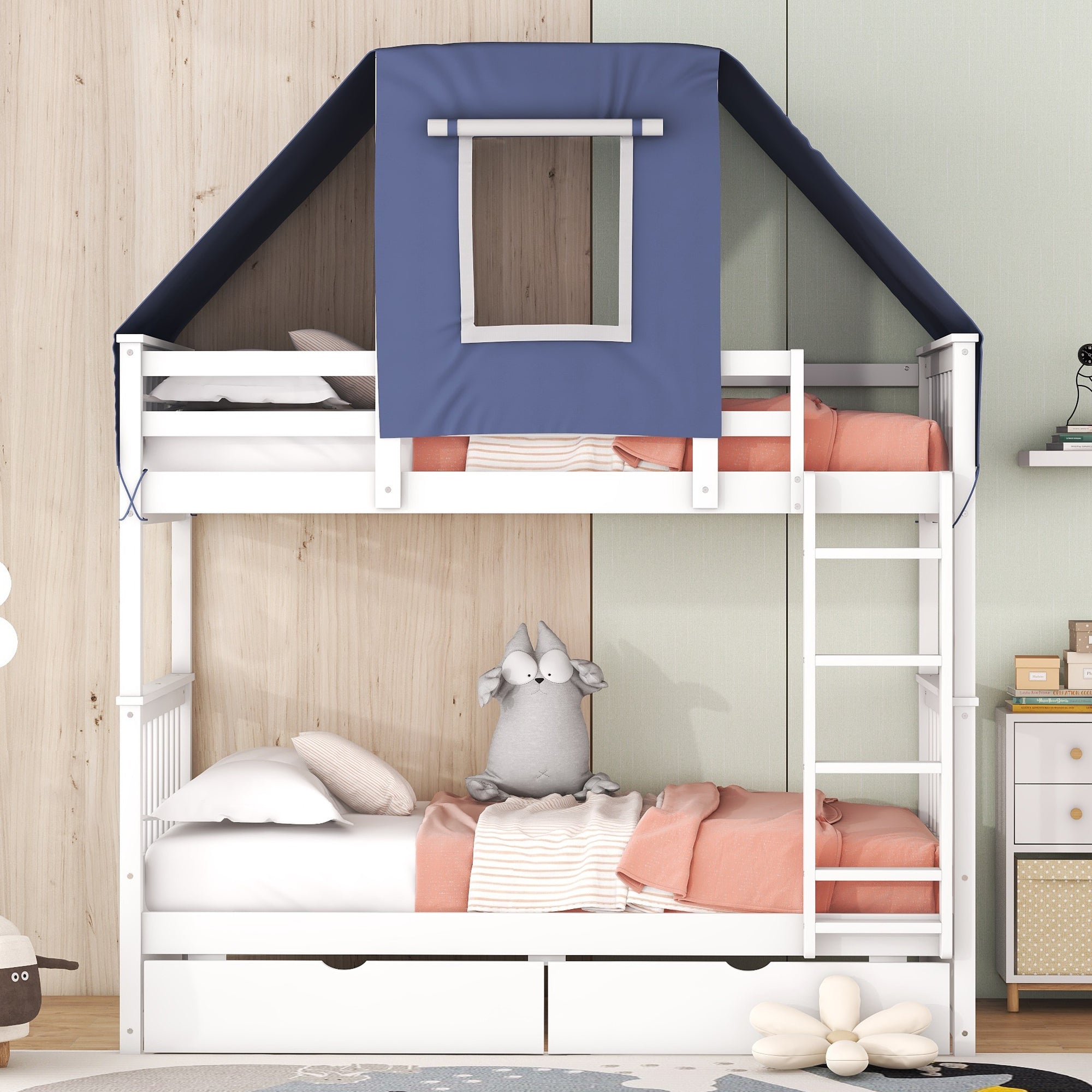 Twin Over Twin Bunk Bed Wood Bed with Tent and Drawers, White+Blue Tent