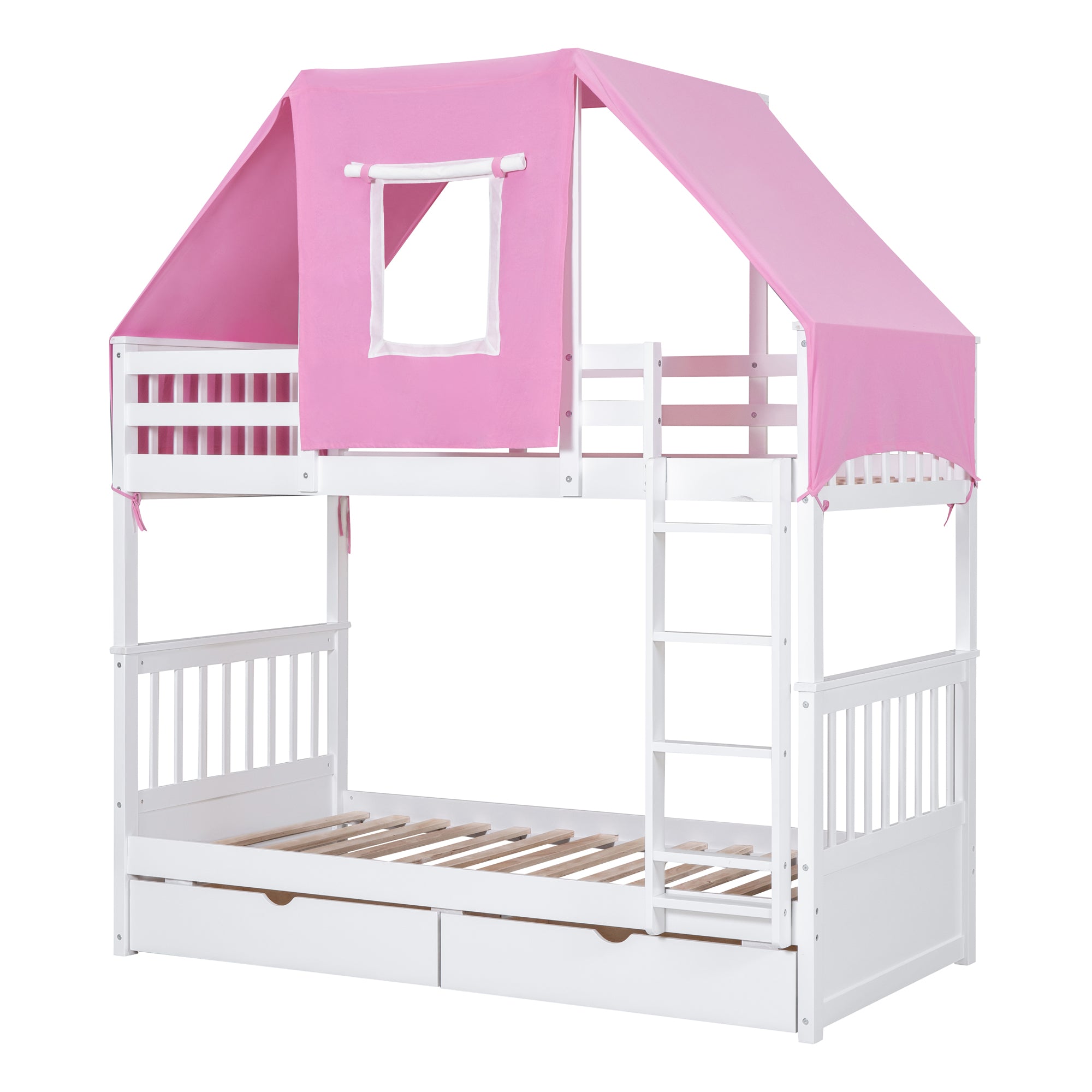 Twin Over Twin Bunk Bed Wood Bed with Tent and Drawers, White+Pink Tent