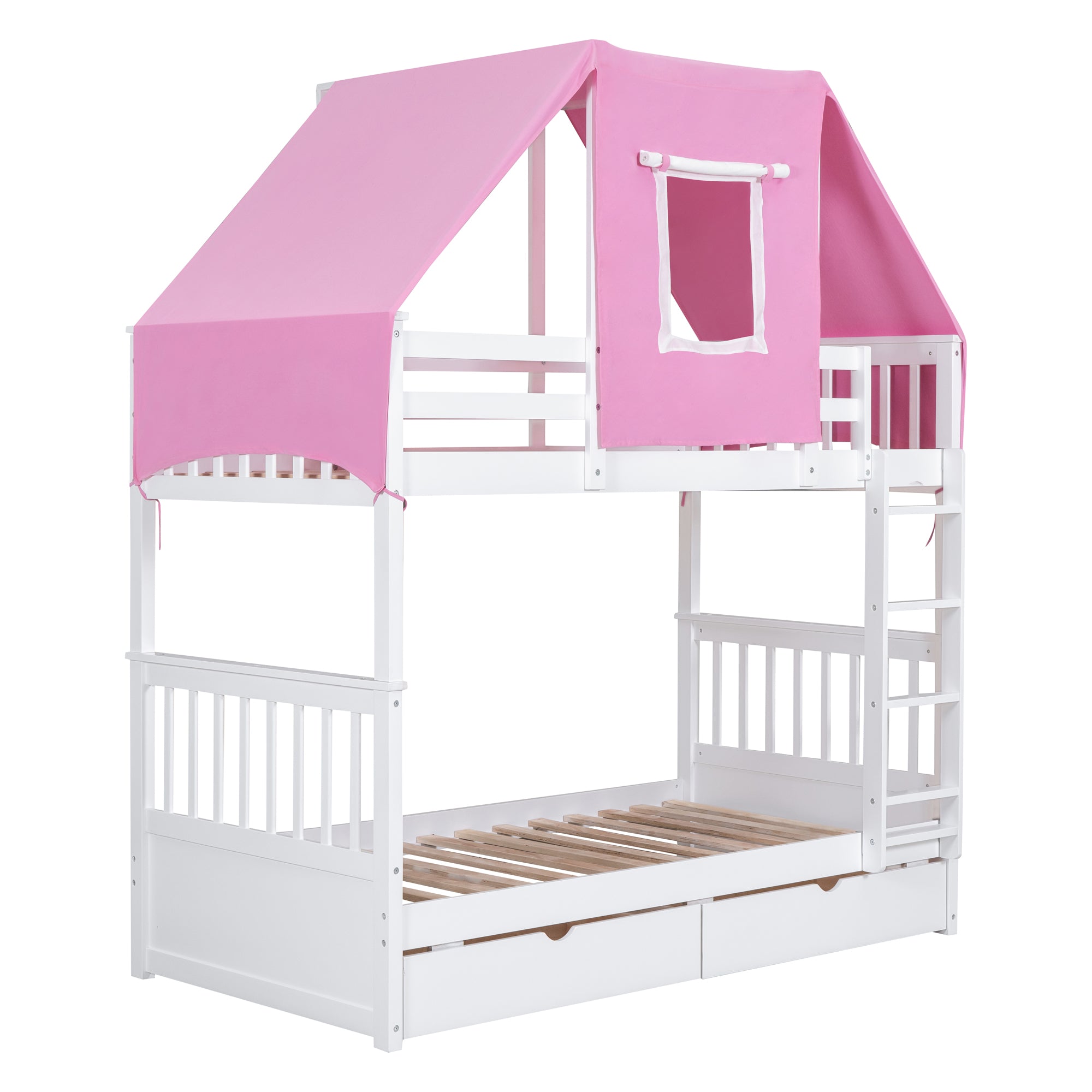 Twin Over Twin Bunk Bed Wood Bed with Tent and Drawers, White+Pink Tent