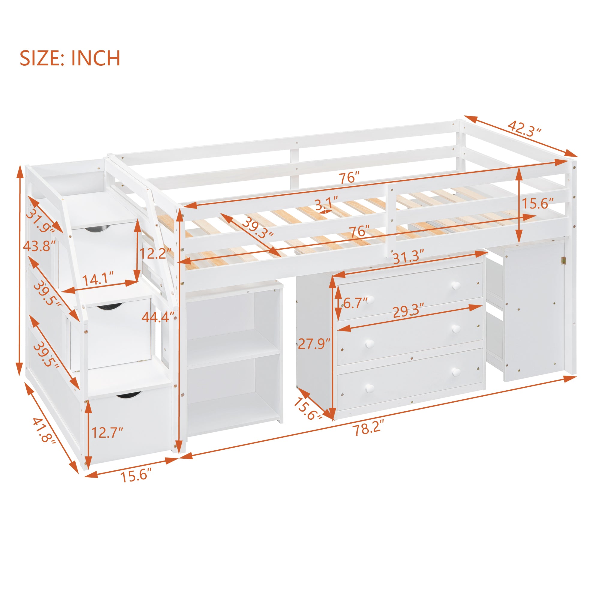 Twin Size Loft Bed with Retractable Writing Desk and 3 Drawers, Wooden Loft Bed with Storage Stairs and Shelves, White