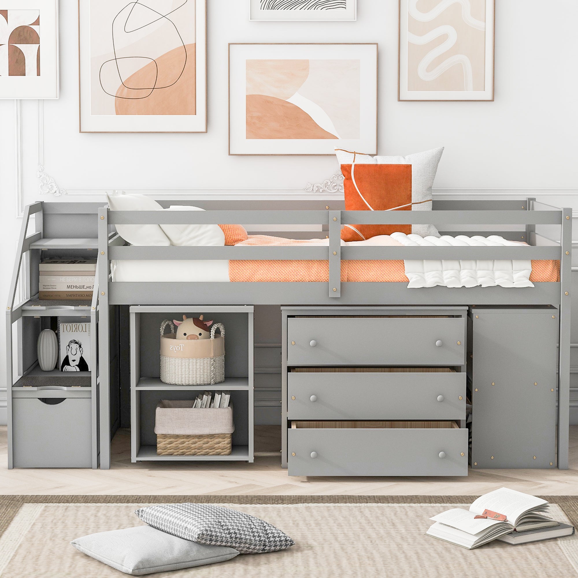 Twin Size Loft Bed with Retractable Writing Desk and 3 Drawers, Wooden Loft Bed with Storage Stairs and Shelves, Gray