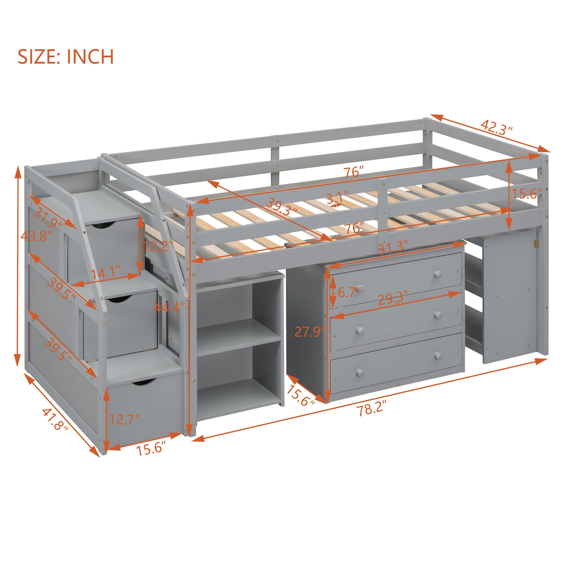 Twin Size Loft Bed with Retractable Writing Desk and 3 Drawers, Wooden Loft Bed with Storage Stairs and Shelves, Gray